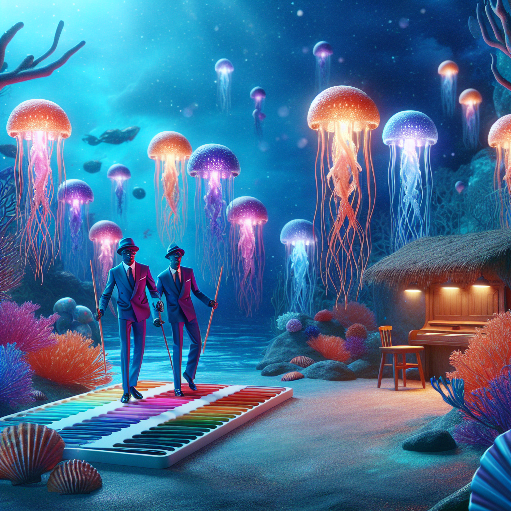 An eccentric and intriguing birthday party is taking place in a mystical underwater environment. Jellyfish with glowing, dreadlock-like tendrils swim around, their soft light illuminating the ocean floor dotted with multicolored sea shells. These shells serve as color palettes, filled with a range of hues for an artsy celebration theme. Amidst the vibrant coral, two stylish male silhouettes stand reminiscent of vintage rhythm and blues artists, outfitted with shades and custom-tailored suits. An underwater hut has been transformed into an art studio, beckoning attendants to express their artistic talents in this whimsical animated undersea universe.
Generated with these themes: Jellyfish , Sea shells, Dreadlocks , Blues brothers , Art, and Shed.
Made with ❤️ by AI.
