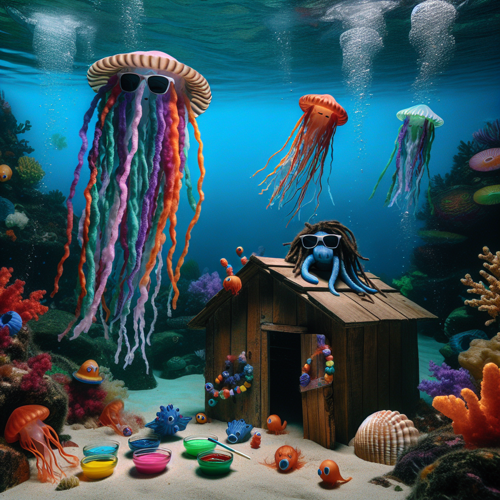 Imagine a unique underwater birthday party. Jellyfish with flowing dreadlocks that resemble festive streamers, float above the scene. The backdrop is a richly colored coral reef, where sea creatures are seen in an adorable twist, donning classy dark suits and sunglasses. Shell-shaped bowls filled with bright paint are scattered around, suggesting an art session might be underway. Tucked in one corner is an incongruously rustic wooden shed, serving as the distinctive party hub, with strings of bubbles effervescing towards the water's surface, adding an element of joyous celebration.
Generated with these themes: Jellyfish , Sea shells, Dreadlocks , Blues brothers , Art, and Shed.
Made with ❤️ by AI.