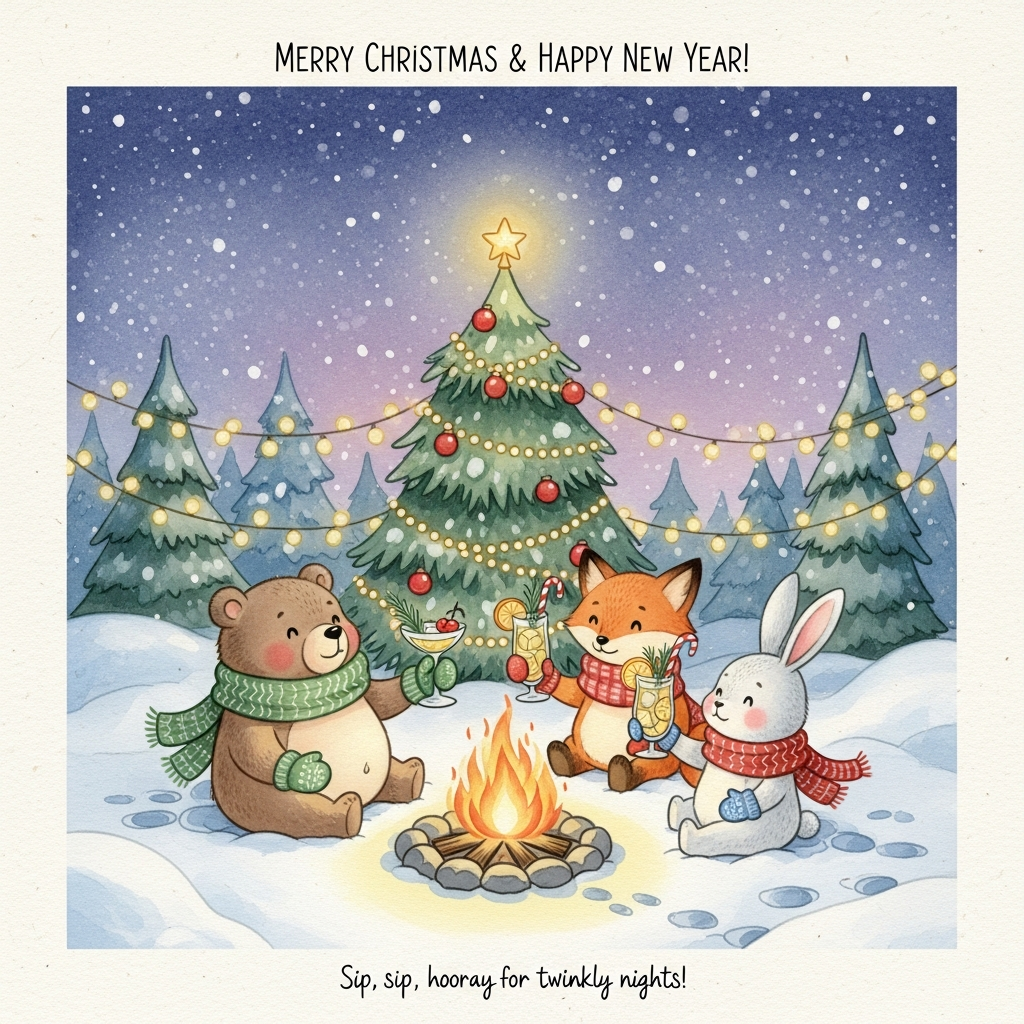 Christmas tree, lights, snow, campfire, Cocktail in their hands, and New-year Card