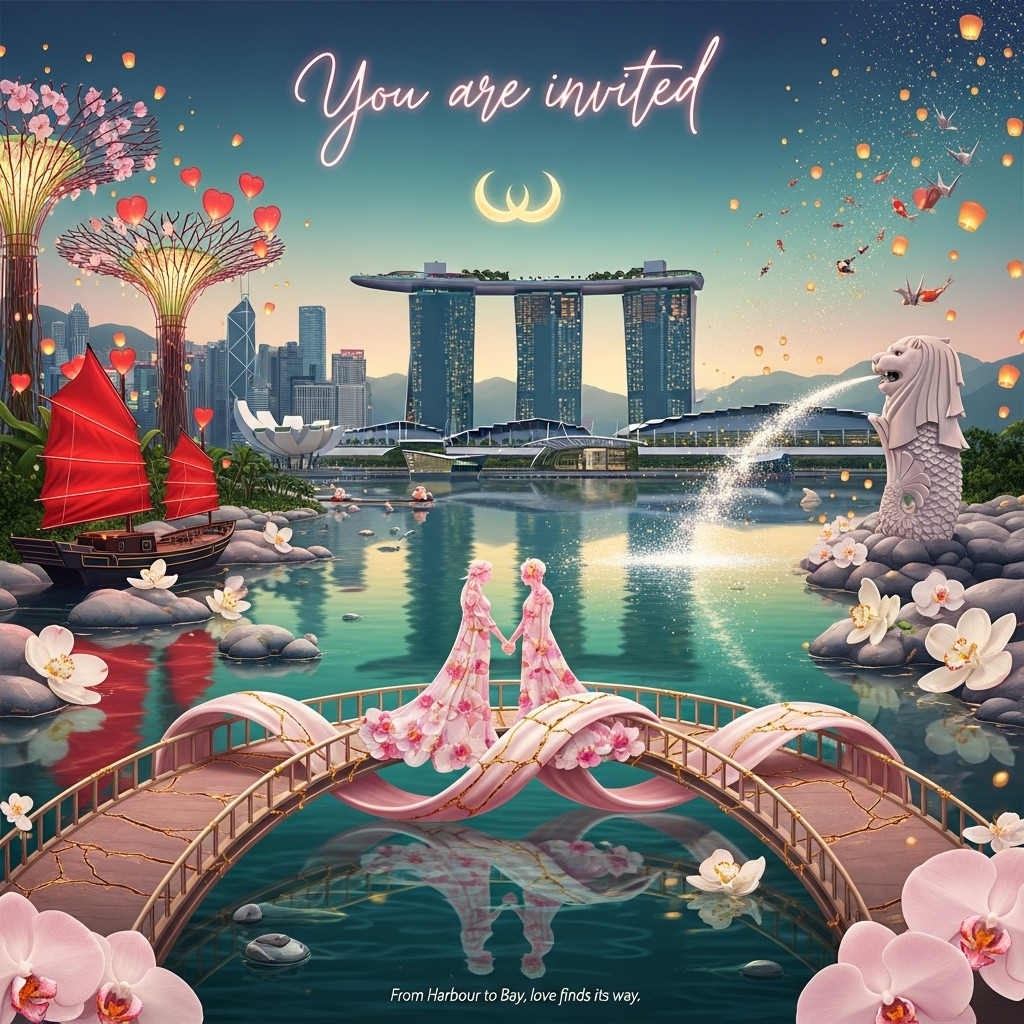 At the top of the Surreal Style image, the exact text "You are invited" in luminous pearl-gold calligraphy, airy and elegant with a soft halo.

A Dali-inspired, romantic dreamscape where Hong Kong melts into Singapore: Victoria Harbour dissolves seamlessly into Marina Bay like liquid glass; the Bank of China Tower and ICC gently soften and droop like candlewax over the water, while Marina Bay Sands unfurls like a floating bridal veil. Glowing Supertrees bloom as chandelier-orchids, their tendrils weaving with neon-red junk boat sails that curl into heart shapes. The Merlion exhales a glittering arc of stardust that becomes floating lanterns; koi and paper cranes spiral upward as confetti. A silk-cloud infinity bridge, stitched with gold kintsugi lines, spans the two shores; at its center, two translucent lovers hold hands—silhouettes made of light, mist, and orchid petals. Reflections shimmer in rose-gold ripples; twin crescent moons interlock above like wedding rings. Ethereal lighting, elongated shadows, melting forms, and otherworldly textures of mother-of-pearl, silk, and gold leaf. Palette: blush, pearl white, jade, teal, and midnight indigo. Romantic mood, dreamy volumetric glow, soft bokeh, painterly detail in a tall portrait composition.

At the bottom, a tiny caption: "From Harbour to Bay, love finds its way."
Generated with these themes: Hong Kong , Singapore , and .
Made with ❤️ by AI.