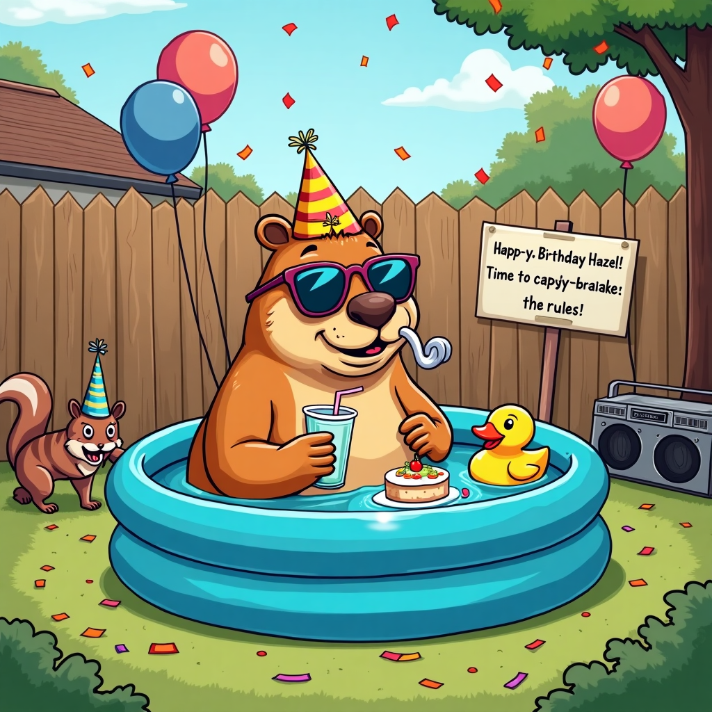 **Prompt:**

At the top of the cartoon image, write: *"Hap-py Birthday Hazel! Time to capy-braaaake the rules!"*

A cartoon-style capybara is lounging in an inflatable kiddie pool that's clearly too small for its size, wearing oversized party sunglasses and sipping a birthday cocktail through a silly curly straw. It’s surrounded by confetti, a tiny birthday hat perched on its head, and it's holding a piece of cake in one paw while a rubber duck floats next to it with its own tiny hat. Balloons drift lazily in the background and a "Party Animals Only" sign hangs crookedly behind. The whole scene is set in a backyard that looks mid-celebration chaos — tipped over punch bowl, scattered snacks, and a boom box blasting invisible party music, with some squirrels dancing nearby. The mood is goofy and carefree, as if the capybara is living its absolute best birthday life.
Generated with these themes: Capybara doing something funny.
Made with ❤️ by AI.
