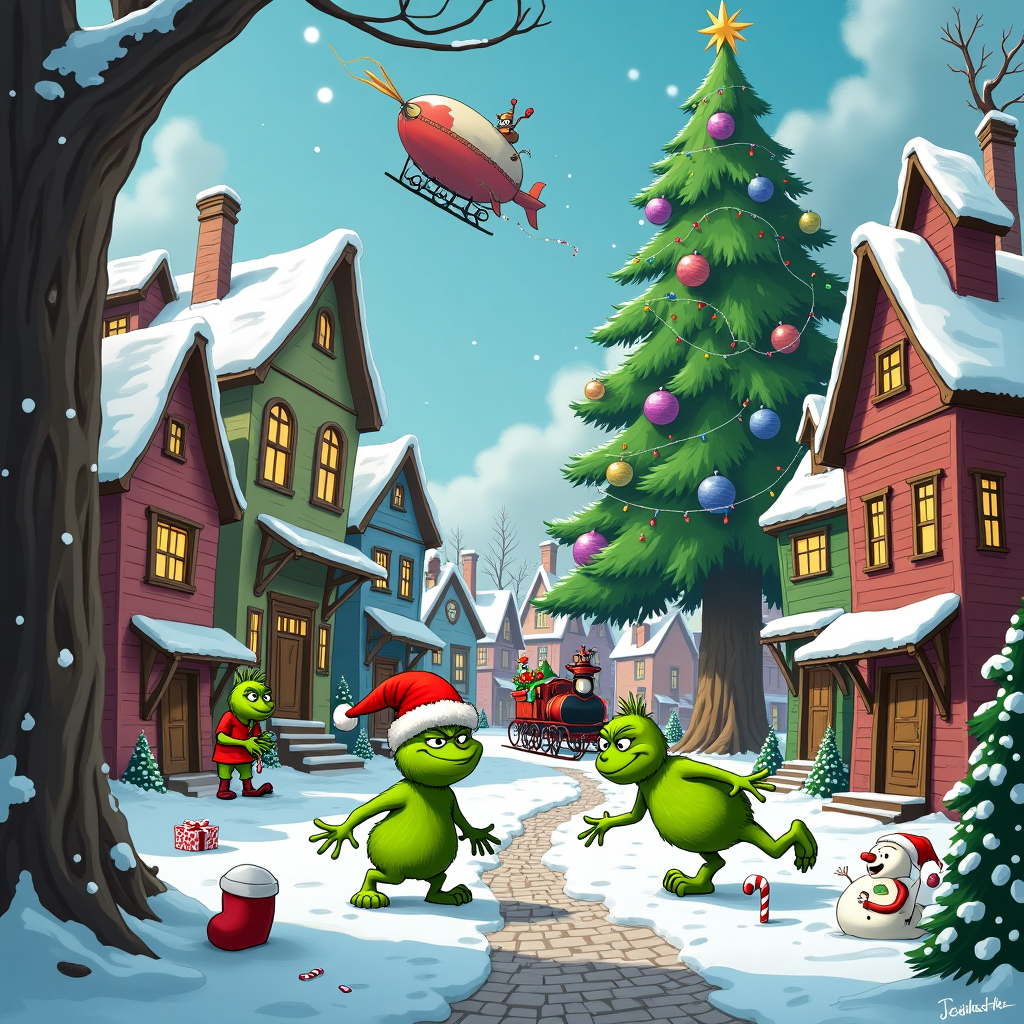 The scene is set in Grinchville, a whimsical town perched precariously on a steep, snowy hill, reminiscent of a winter wonderland with a mischievous twist. The architecture reflects a blend of crookedly charming Victorian houses with curly, spiraling rooftops reminiscent of Dr. Seuss, each adorned with oversized, haphazardly hung holiday lights that blink erratically. In the center of Grinchville’s cobblestone square stands a towering Christmas tree, hilariously lopsided and decorated with comically large, mismatched ornaments and strands of tinsel that seem to be wrestling with a gusty wind.

In the foreground, a group of cartoonish Grinch-like creatures—each a different, vibrant shade of green—are engaged in a snowball fight, their expressions a mixture of surprise and delight. One Grinch, sporting an exaggerated Santa hat that droops over his eyes, is caught mid-tumble as he slips on a patch of ice, flailing wildly. Nearby, another Grinch is busily building a snowman with a comically large carrot nose and mismatched coal eyes that give it an expression of perpetual surprise.

In the background, you can see a merry procession of quirky vehicles, including a tiny steam-powered train with candy cane striped wheels and a sleigh pulled by a team of bumbling reindeer with wildly oversized antlers tangled in colorful lights. In the sky above, a whimsical zeppelin, shaped like a giant Christmas pudding, drifts lazily past, leaving a trail of glittering snowflakes in its wake.

Nestled among the cobblestones, small details catch the eye—a forgotten mitten in vivid red, a cheeky squirrel peeking out from a hollow in the town’s central oak tree, and a cluster of candy canes planted like flowers along the path. Each element of the scene is brimming with playful details, ensuring that every glance reveals something new in this merry chaos of Grinchville during the holiday season.
Generated with these themes: Grinchville.
Made with ❤️ by AI.