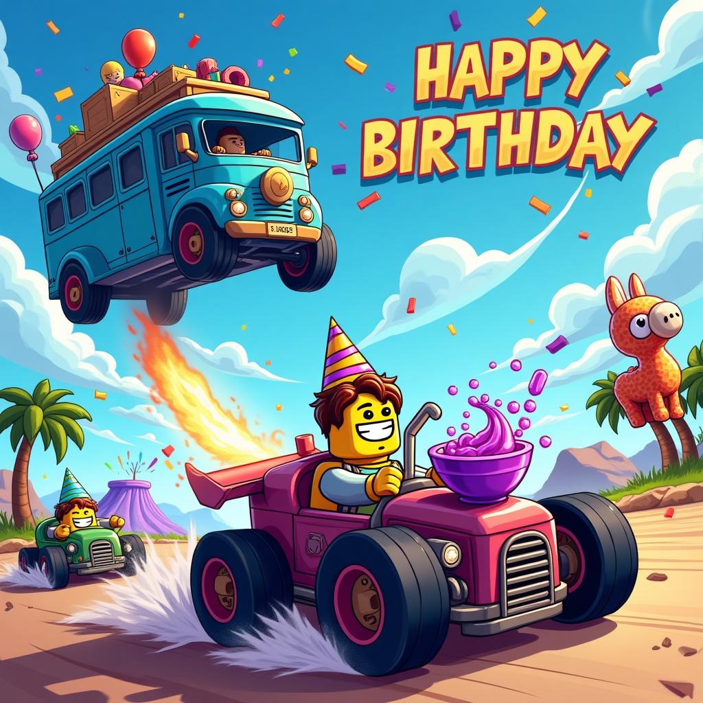 At the top of the Cartoon Style image, HAPPY BIRTHDAY

A hilarious, high-energy mash-up scene: a Fortnite-style sky with a giant blue party balloon-bus floating overhead, dropping supply crates shaped like acai bowls. Below, a LEGO-style brick-built hot-rod car with comically oversized wheels drifts around a freshly popped-up ramp (Fortnite-style build pieces—wood, brick, metal) as confetti explodes. The driver is a blocky, brick-like hero with a huge grin and party hat, slurping an acai smoothie through a ridiculously long curly straw; the car’s “nitro” is a sloshing acai bowl tank, blasting purple smoothie flames. More cartoon cars made of colorful bricks fishtail behind, smiling headlights and goofy spoilers, while a cheerful llama piñata balloon waves from the sidelines. A bright racetrack winds across a sunny battle-island with palm trees, a distant purple storm swirl, balloons, and fireworks. Thick black outlines, exaggerated proportions, squishy chibi vibes, and bright saturated colors (neon purple, aqua, lime, sunshine yellow). Make the “HAPPY BIRTHDAY” text big, bubbly, and colorful above the action. Avoid real logos.

Add a small, cheeky caption near the bottom on a bumper plate or road sign:
“Drop, build, vroom—pass the acai!”
Generated with these themes: Fortnite, Lego, Cars, Acai, and .
Made with ❤️ by AI.