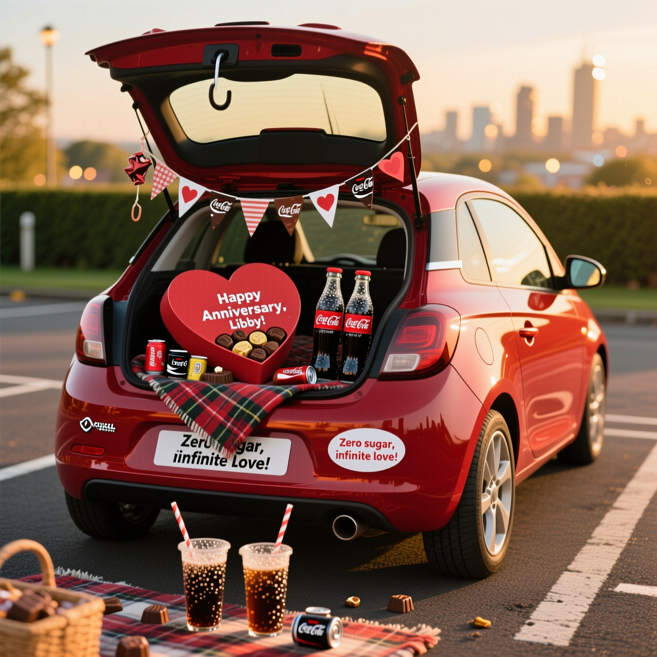At the top of the Photorealistic picture taken from a camera image, "Happy Anniversary, Libby!"

Ultra-high-definition 4K UHD photograph, true-to-life color and lighting, shallow depth of field. Golden-hour scene in a quiet UK scenic overlook car park. A glossy cherry-red Vauxhall Adam (three-door, right-hand drive) is parked at a slight rear three-quarter angle with the boot open, brimming comically with a tartan picnic blanket, an oversized heart-shaped box of assorted chocolates wedged so it barely fits, a few chocolates adorably spilled onto the bumper. Two ice-cold Coke Zero glass bottles with condensation beads sit on the boot lip, label clearly visible; tiny heart bunting made from chocolate wrappers hangs across the open boot. A playful nod to celebration: a few miniature Coke Zero cans are lightly tied to the rear tow hook like a cheeky “just married” riff, clinking on the tarmac. Small, witty text integrated into the scene: a neat white bumper sticker that reads “Zero sugar, infinite love.” The foreground shows two clear reusable cups with paper straws fizzing with Coke Zero; warm sunlight glints off the bubbles and the car’s metallic paint. Background softly blurred with bokeh city lights and hedgerow detail; emphasize lifelike textures—glossy paint, rubber tire tread, chilled glass condensation, and the sheen of chocolate. Shot on a full-frame camera with a 35mm lens at f/2.8, ISO 100, 1/250s; natural lens flare kept subtle, crisp focus on the car and picnic, background tastefully blurred for depth. Mood: lighthearted, romantic, and funny.
Generated with these themes: Coke zero, Chocolate, Vauxhall Adam, and .
Made with ❤️ by AI.