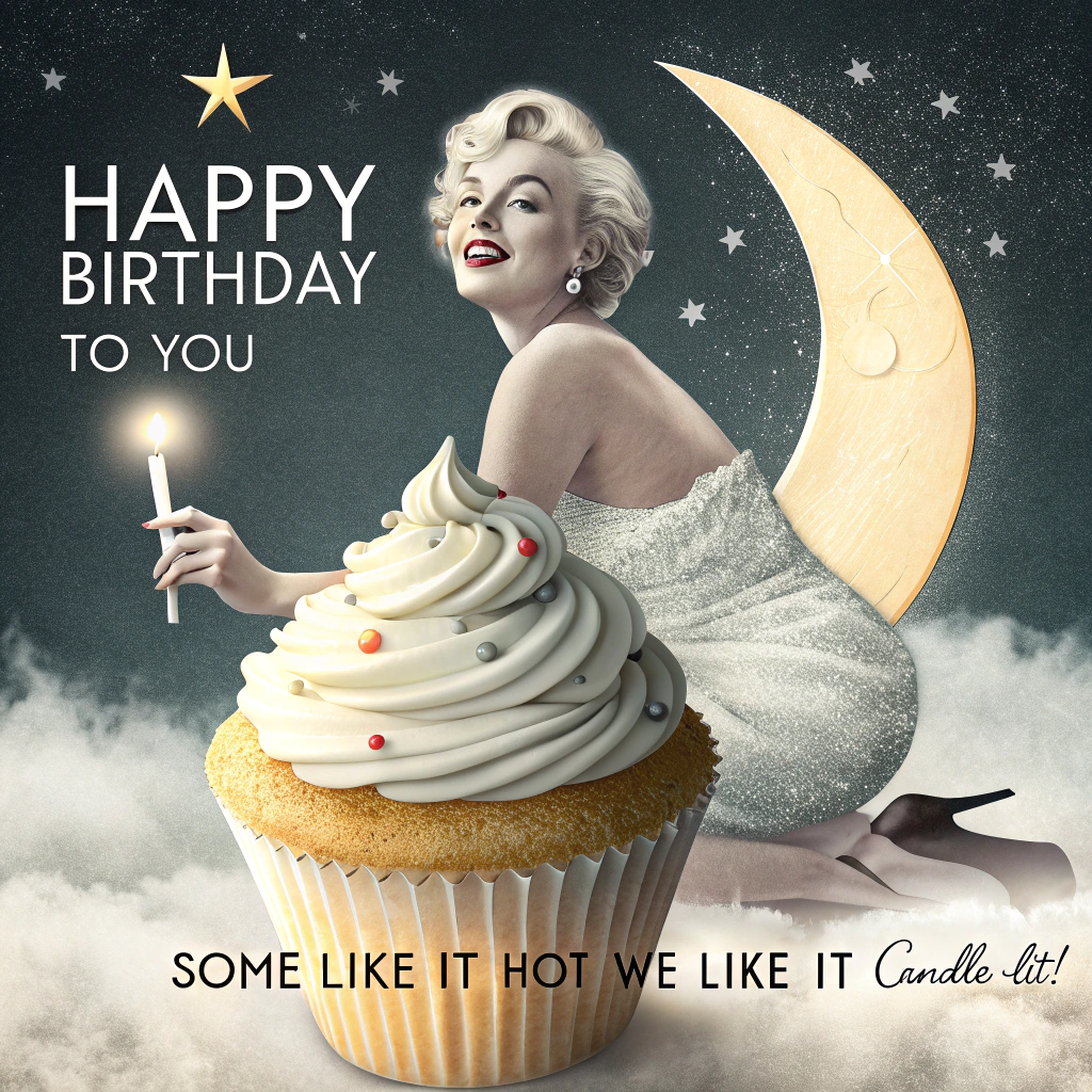At the top of the Surreal Style image, "Happy birthday to you "

At the bottom of the image, "Some like it hot — we like it candle-lit!"

Center a whimsical, Marilyn Monroe–inspired starlet as a glowing crescent moon with platinum curls and a tiny beauty mark, perched atop a giant vanilla cupcake; her “dress” is a towering swirl of whipped-cream frosting flaring like the iconic white halter, lifted by a gentle breeze rising from a golden subway-grate bow on the cupcake stand. Surround her with a dreamscape of cotton-candy dunes and a pastel dawn sky: long, melting spotlight beams puddle like Dali clocks, a soft-pink vinyl record stage drips into a sugary river, and film-reel ribbons unfurl into confetti. She holds a slender lipstick-candle/microphone; its flame releases tiny golden musical notes that float upward and morph into star-shaped balloons with kiss marks. Add pearlescent, ethereal lighting with sparkles on the frosting hem, soft rim light, and long, cute, playful shadows; palette of blush pink, champagne gold, vanilla cream, and sky-blue. Ensure clear negative space behind both text lines with a gentle glow halo for readability; overall vibe: dreamy, surreal, adorable, glamorous.
Generated with these themes: Marilyn Monroe birthday , and .
Made with ❤️ by AI.