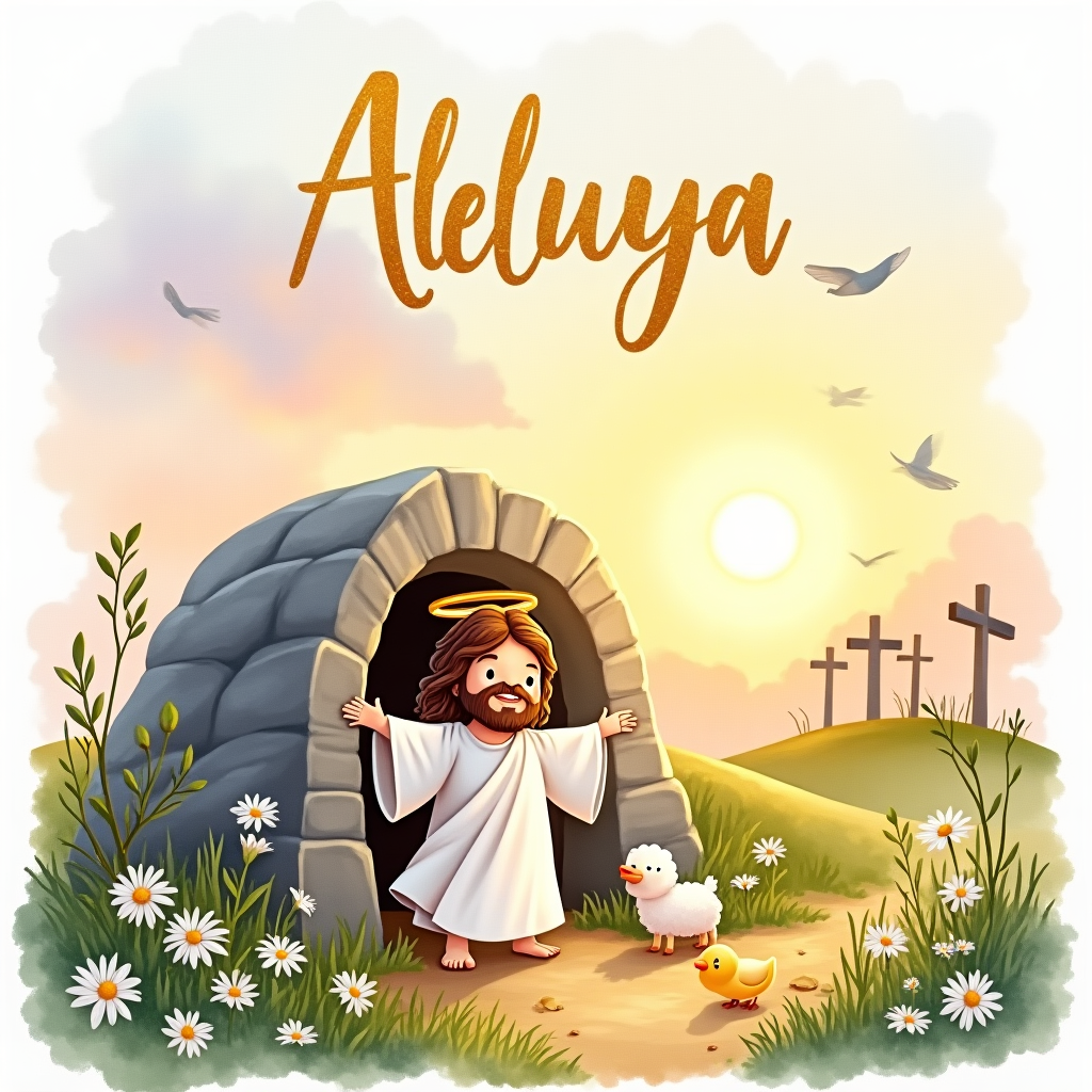 At the top of the Watercolor Style image, Aleluya!

Tall portrait watercolor illustration with soft, airy washes, delicate gradients, subtle pigment blooms, and natural paper grain. A cute, reverent scene of the Resurrection of Jesus at sunrise: the garden tomb open, the round stone rolled aside; warm golden light pours from the doorway in feathery blooms. A gentle, radiant Jesus stands just outside the tomb in a flowing white robe, minimal and tender features for a sweet, wholesome feel, a soft golden halo, arms open in welcome. Foreground: loose white lilies, olive branches, tiny daisies, spring grass; a woolly lamb and two chubby chicks peek from the flowers; two small doves flutter nearby. Background: a distant hill with three faint lavender cross silhouettes, and a sky that melts from peach and blush at the horizon to robin’s-egg blue and lilac above, with soft backruns and watercolor cauliflowers. Keep forms rounded and whimsical, edges feathered, colors pastel and luminous; leave airy negative space around the figure and sky, with tiny sparkling dust motes catching the dawn. Hand-letter the top text in light, brushed gold-ochre watercolor script with a gentle glow. At the bottom, add a tiny hand-lettered caption: He is Risen—shine!
Generated with these themes: Resurrection of Jesus, and .
Made with ❤️ by AI.