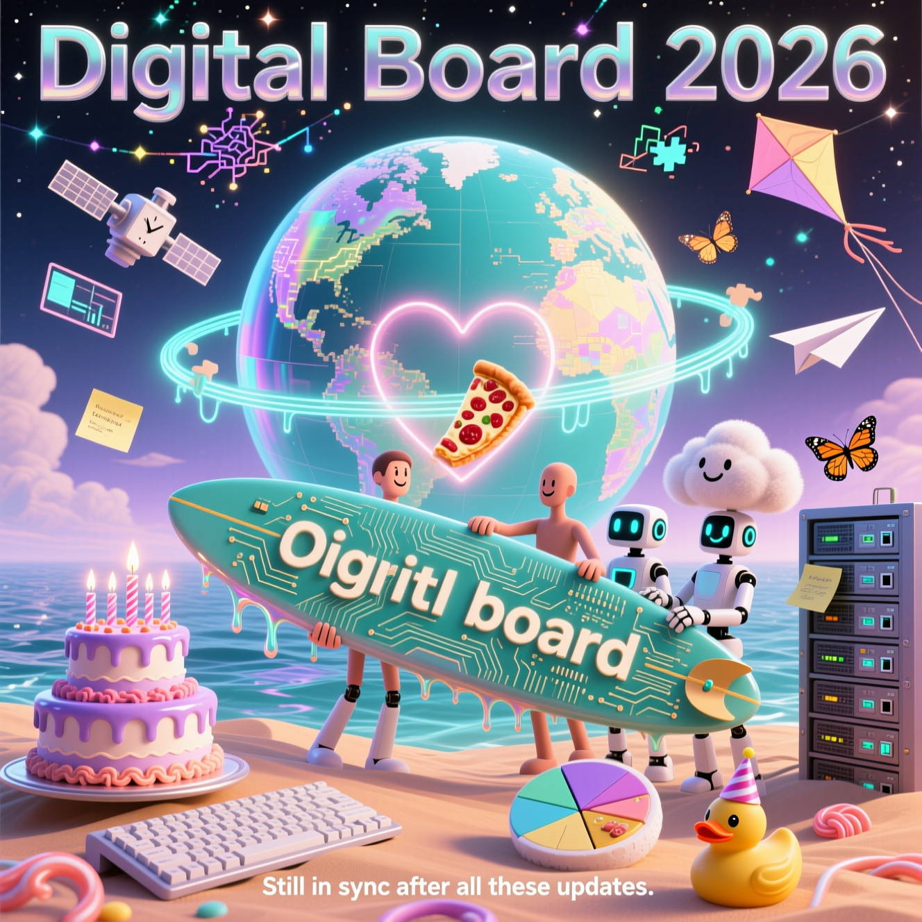 At the top of the Surreal Style image, Digital Board 2026

Dali-inspired dreamlike surrealism: a colossal iridescent globe made of flowing circuit traces rises from a liquid-glass ocean of pixels. In the foreground, a gigantic “digital board” (a glossy, gently melting circuit-board surfboard) is hoisted and balanced by a quirky team—elongated human figures, friendly AI robots with glowing smiles, and a fluffy cloud-colleague with fiber-optic arms—working together as luminous cables loop from their hands around the planet, forming a bright heart that signifies worldwide teamwork.

Humorous surreal details: a tiered server-rack “anniversary cake” nearby, its fiber-optic candle flames dripping like Salvador clocks; a keyboard slumping over a dune like taffy; a pie-chart moon with one slice being passed like pizza; rubber-duck satellites wearing tiny party hats orbiting the globe; sticky-note butterflies fluttering from a chat-bubble cloud; puzzle-piece ports clicking together across continents. Above, neural-network constellations sparkle while UI-window kites and paper-plane graphs sail through ethereal, volumetric light.

Palette and mood: pastel neon teal, lavender, coral, and warm gold; ethereal rim-lighting, soft reflections on chrome and glass, crisp focus on the team and board, wide-angle composition with plenty of breathing space, otherworldly yet playful.

Typography: the top text in sleek iridescent sans-serif with a subtle chrome glow.

At the bottom in a small playful caption, add: “Still in sync after all these updates.”
Generated with these themes: Digital company, AI, worldwide, teamwork, and .
Made with ❤️ by AI.