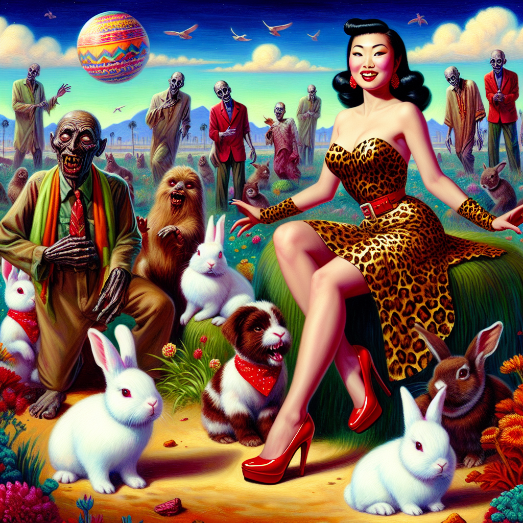 In this surreal birthday-themed painting, a vivacious pinup clad in leopard print outfit, seen as an Asian woman, strikes an intriguing pose. Poised on bright red high heels, her undeniable charm mesmerizes the viewer. Around her, a delightful group of bunnies—two unique white ones and a snuggly brown and white lop—gamble unconcernedly in an improbable wonderland. Concurrently, zombies, depicted as Middle-Eastern males, awkwardly meander throughout the landscape, donning skewed smiles and party hats, fusing the eerie and the festive. The illustrative composition juxtaposes life and undeath, innocence and enticement in a vibrant representation of the surreal.
Generated with these themes: Sexy pinup in leopard print , Zombies , White bunny, Black bunny, White bunny, Brown and white lop bunny, and Red high heels.
Made with ❤️ by AI.