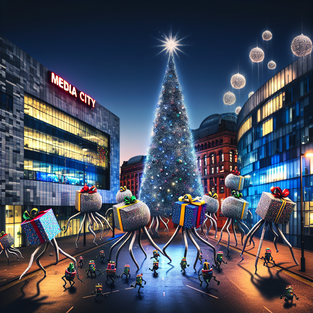 Dancing christmas trees, Christmas presents and decorations, Manchester, Media city, and Tv studio Christmas Card