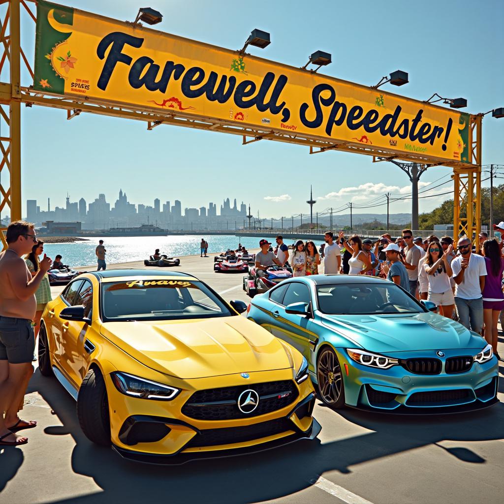 The scene is set on a sun-drenched go-karting track just outside Barcelona, where the iconic cityscape serves as a stunning backdrop, complemented by the azure Mediterranean Sea glistening nearby. A sleek, bright yellow Vauxhall VX220 is parked next to the track, its low profile and aerodynamic curves catching the sunlight, while its glossy finish reflects the vibrant surroundings, and the distinctive Vauxhall badge gleams proudly on the front grille. Adjacent to it, a pristine BMW E46 in electric blue boasts a polished body and sporty stance, featuring a classic kidney grille and halo headlights that add a touch of sophistication to the lively atmosphere.

The track is alive with colorful go-karts zooming around, leaving trails of dust and tire marks behind. Each of these go-karts is painted in bright, eye-catching colors like red, green, and blue, adorned with racing numbers and sponsor decals that enhance their racing spirit. Overhead, a large, festive banner reading "Farewell, Speedster!" is strung across the track's entrance, decorated with playful illustrations of racing flags, checkered patterns, and images of fast cars and go-karts that evoke excitement.

The cheerful crowd, comprising friends and family, gathers near the track, waving and cheering in casual summer attire, complete with sunglasses and hats to shield themselves from the sun. Many hold up signs with personalized messages and well-wishes, adding to the warm celebration. In the background, the recognizable skyline of Barcelona looms, with landmarks like the Sagrada Familia and the W Hotel bathed in the warm, golden light of late afternoon. Beyond the track, the sparkling blue waters of the Mediterranean Sea shine invitingly, with a few sailboats and yachts leisurely drifting by, while the sea breeze gently ruffles the leaves of palm trees scattered around the area.

In summary, the setting beautifully captures the essence of fast cars and the thrill of go-karting in a picturesque location that embodies the charm of Barcelona. 

Generated with these themes: Fast cars, Go-karting, Barcelona, Vauxhall VX220, and BMW E46. Made with ❤️ by AI.