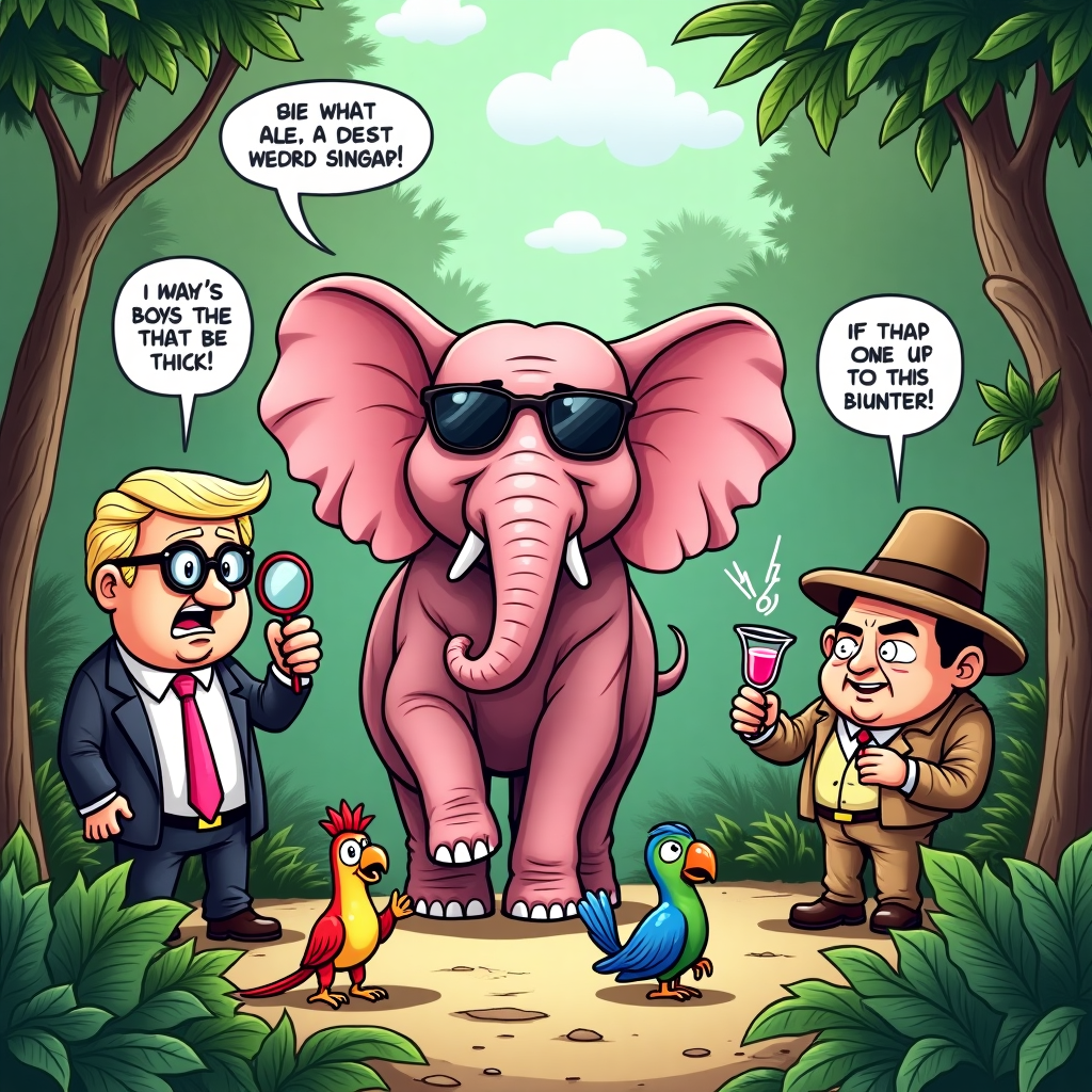**PROMPT:**  
A humorous illustrated scene set in a whimsical jungle where famous world politicians—caricatured in playful, exaggerated style—are dressed like over-the-top explorers with magnifying glasses, butterfly nets, and ridiculous safari hats. They are all bumbling through the jungle in wild confusion, desperately hunting for the legendary pink elephant, which is sneakily hiding in plain sight wearing sunglasses and sipping a cocktail. One politician is stuck in a vine trap, another is arguing with a parrot, and a third is studying a map upside down. Bright, colorful palette with comic-style speech bubbles saying things like “I swear I saw it tweet from this direction!” and “Diplomatically speaking, I refuse to believe in pink elephants!” The mood is light, silly, and festive—perfectly capturing the absurd chaos of both politics and birthday celebrations.
Generated with these themes: politicians and the hunt for the pink elefant.
Made with ❤️ by AI.