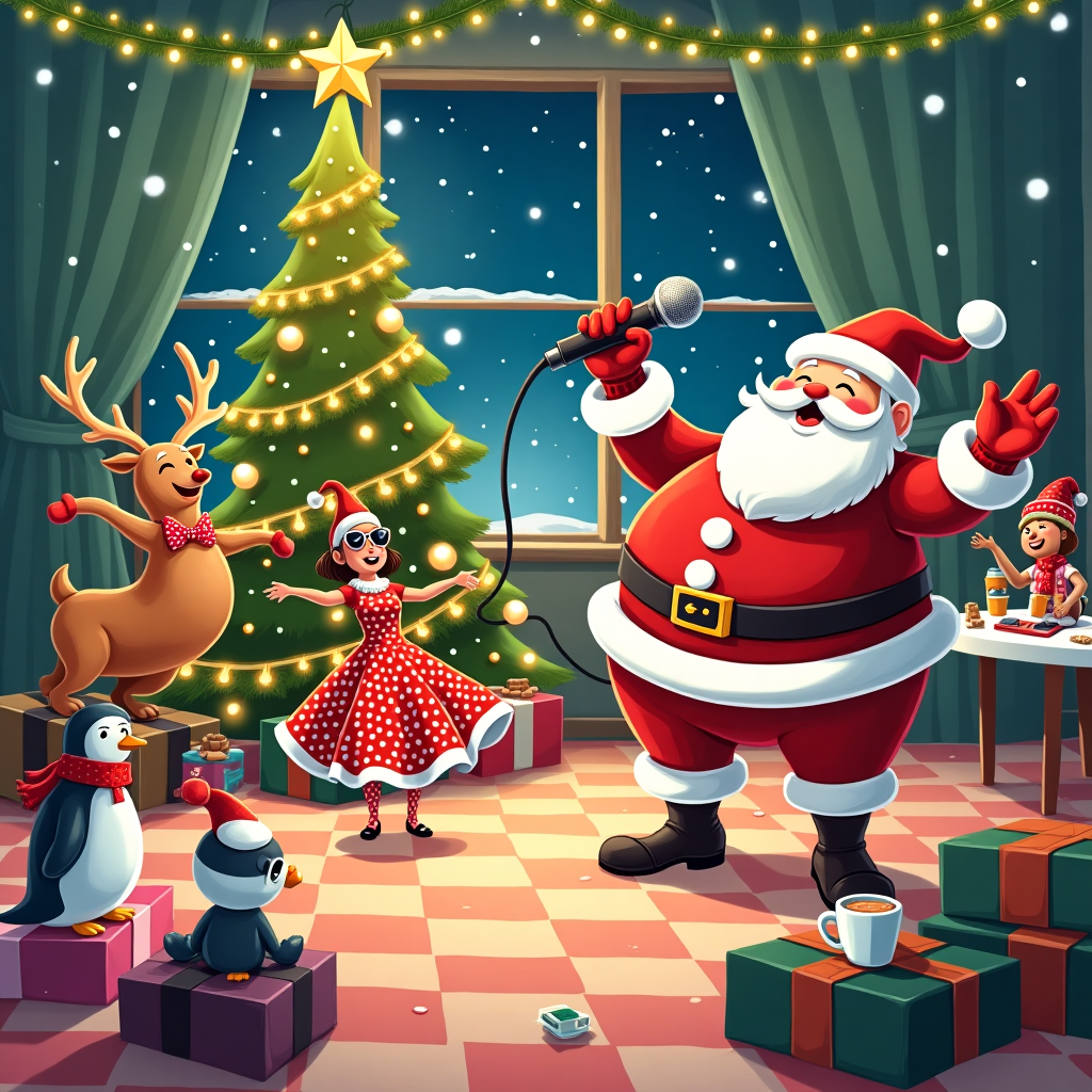 In this whimsical Christmas card illustration, envision a bustling, festive living room transformed into Santa's exclusive Christmas Karaoke Dance Party. Santa Claus, with his rosy cheeks and jolly belly, is front and center, standing on a makeshift stage crafted from stacked presents. He's grasping a vintage microphone, its wire trailing behind him, as he croons into it with gusto, reminiscent of a 1950s rock 'n' roll star. The floor is a patchwork of candy-cane striped tiles that seem to swirl beneath the feet of the party-goers.

Surrounding Santa, his reindeer have swapped their harnesses for neon-colored bow ties and glittery antlers, joyfully prancing around as they attempt to keep in step with the upbeat holiday tunes. In the background, Mrs. Claus is caught mid-twirl, her red and white polka-dot dress flaring out as she dances with an elf, who is sporting oversized sunglasses and a disco ball necklace.

The walls are adorned with tinsel and strings of twinkling lights, casting a magical glow over the scene. A towering Christmas tree, decked in ornaments shaped like musical notes, stands proudly in one corner, its star topper doubling as a mini mirror ball that spins to cast dots of light across the room. In the foreground, a gingerbread man DJ is at his turntable, wearing headphones and bobbing his head to the rhythm as his candy-cane arms expertly mix tracks.

Snow gently falls outside the window, through which a glimpse of the North Pole's starry night sky is visible. A table in the back is laden with holiday treats—peppermint bark, sugar cookies, and mugs of frothy hot cocoa, steam curling up invitingly. The scene is bustling with elves, penguins, and even a polar bear with a red scarf, all caught in the joyous chaos of a holiday celebration that is as lively as it is heartwarming.
Generated with these themes: Santa, Christmas party , Singing wearing a mic, and Dancing.
Made with ❤️ by AI.