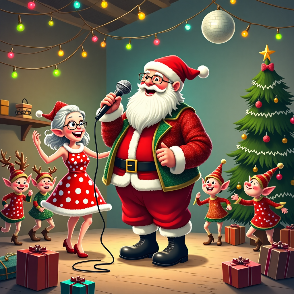 The illustration depicts a whimsical Christmas party set in the heart of Santa's workshop. The backdrop is a cozy, warmly lit workshop bustling with toy-making elves who momentarily paused their work to join in the festive fun. Santa Claus, in his classic red suit but with a party twist—he's wearing a colorful sequined jacket—stands center stage. He's holding a vintage microphone, its cord playfully wrapping around his shiny black boots. Santa's eyes twinkle behind his wire-rimmed glasses, and he's belting out a jazzy rendition of a Christmas classic. To his left, Mrs. Claus, in a festive polka-dotted dress and wearing a feather boa, is dancing energetically. Her arms are thrown in the air as she twirls with surprising agility, her silver hair bouncing in time with the music. Around them, elves in tiny, glittering outfits form a conga line, some holding tambourines, while others have festive hats that jingle with bells. A group of reindeer, comically struggling to balance themselves, are attempting a line dance in the background, each wearing a different, hilariously oversized Christmas sweater. Above them, strings of twinkling lights and colorful paper chains crisscross the ceiling, while a disco ball reflects merry colors across the room. A Christmas tree, decorated with candy canes and baubles shaped like tiny toys, stands proudly to the side, with presents spilling out from underneath, each gift box wrapped in the most flamboyant patterns imaginable. The whole scene is a chaotic yet charming celebration, capturing a delightfully unconventional Christmas bash.
Generated with these themes: Santa, Christmas party , Singing wearing a mic, and Dancing.
Made with ❤️ by AI.
