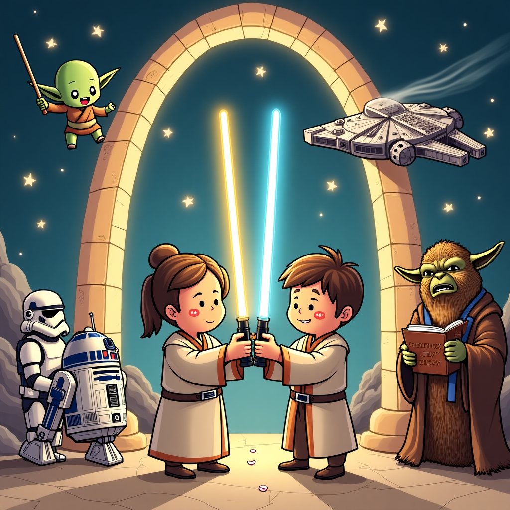 Here’s the prompt following your structure and guidelines:

---

At the top of the illustration image:  
"May the Force Bind You Forever, Ali & Rich!"

An illustration showing Ali and Rich as adorable, cartoon-style Jedi characters standing at an intergalactic altar, lightsabers crossed above their heads in a glowing arch like a "just married" archway. Cheeky droids dressed as flower girls (like R2-D2 tossing flower petals) zip around them. In the background, a Millennium Falcon is towing a banner that says "Just Married" in big glittery space letters, and Yoda (dressed as a grumpy priest) is officiating with a tiny, hilarious book titled "Weddings, the Jedi Way". The scene is colorful, playful, and packed with tiny hidden references for Star Wars fans — with stormtroopers throwing rice, and Chewbacca crying happy tears. The overall mood is light, quirky, and full of fun wedding energy. 

--- 

Would you like a few more variations to choose from too? 🌟
Generated with these themes: Star Wars may the fourth .
Made with ❤️ by AI.