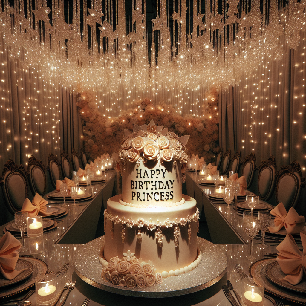 In this charming and life-like birthday scene, an array of glittering fairy lights twinkle above, casting a soft glow on the exquisitely detailed birthday cake that takes center stage, with the phrase 'Happy birthday princess Amna, May you find Jungkook' piped on top in dainty script. The room hums with understated luxury, from the ribbon-tied napkins to the sophisticated palette of the decorations.
Generated with these themes: Happy birthday princess amna, and May you find jungkook .
Made with ❤️ by AI.