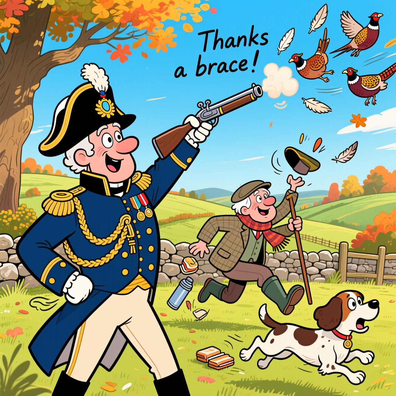 80 year old man falling backwards off a shooting stick in the English countryside, whilst sitting behind an admiral shooting partridges, and Thank-you Card