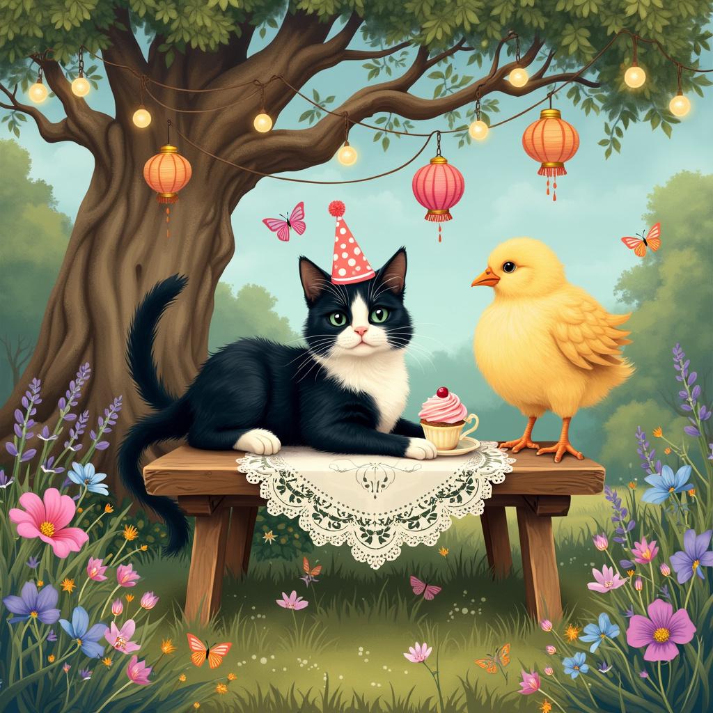 Black and white cat, Yellow fuffy chicken, and Pink kiwi Birthday Card