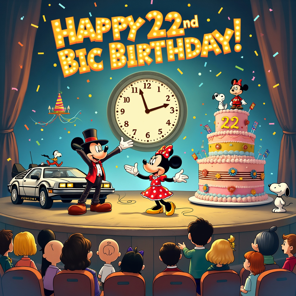 Musical theatre, 22, Cake, Back to the future , Mickey Mouse , and Minnie Mouse Birthday Card