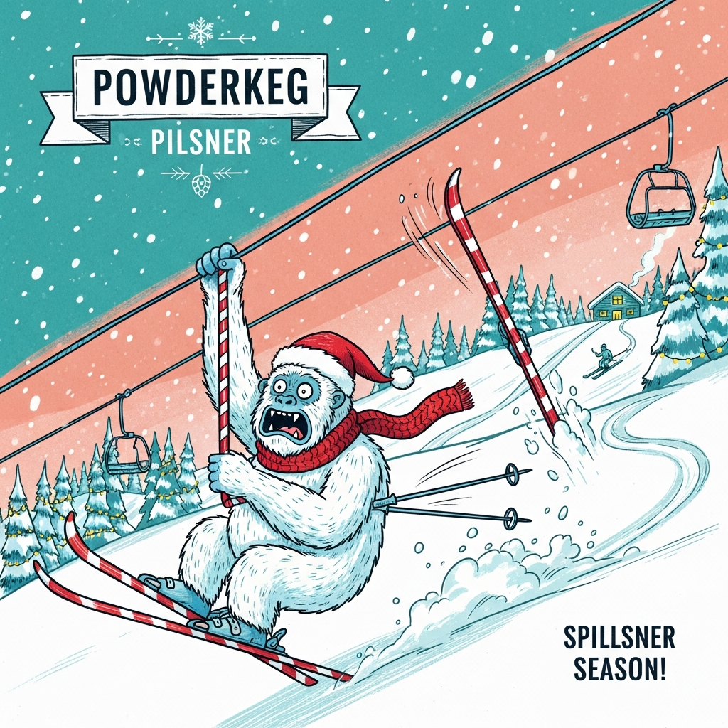 At the top of the Illustration Style image, "Powderkeg Pilsner"

Portrait, hand-drawn illustration with fine linework and textured brush strokes, a warm, expressive color palette. Centerpiece: a shaggy white-blue yeti in a red knitted scarf and Santa hat being awkwardly towed uphill by a candy-cane–striped T-bar. The yeti’s eyes are wide with a hilariously terrified expression, teeth clenched, fur bristling; one ski has popped off and is flipping through the air behind in a spray of sparkling powder snow, the remaining ski wobbling as it carves a wobbly line. Dynamic diagonal composition with the lift cable leading the eye upward; balanced, lively framing.

Backdrop: a rolling alpine ski hill under a peach-and-rose winter sky, teal-blue shadowed snow, pine trees dusted with snow and dotted with warm twinkle lights, a cozy lodge glowing in the distance, tiny silhouetted skiers on the slope for scale. Add gentle snowfall, soft paper grain, and inky, expressive outlines with gouache-like color fills.

At the very top, set the text as a vintage beer-label crest/ribbon reading “Powderkeg Pilsner,” with subtle snowflake flourishes and a tiny hops-and-snow motif, clean and bold but not overpowering the scene.

Optional small caption for humor: at the bottom right in festive hand-lettering, “Spillsner Season!”
Generated with these themes: A yeti being towed by a tbar up a ski hill, one ski falling off, scared expression, Backdrop ski hill , "Powderkeg Pilsner" label on top, and .
Made with ❤️ by AI.