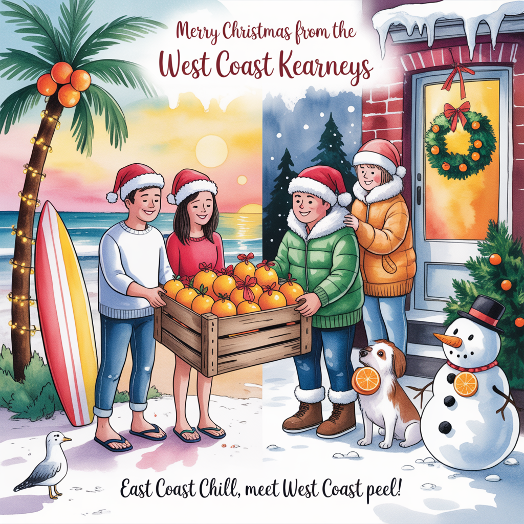 At the top of the Watercolor Style image, "Merry Christmas from the West Coast Kearneys"

At the bottom of the image, "East Coast chill, meet West Coast peel!"

In the center, paint a playful split-coast scene in soft watercolor washes with delicate gradients, subtle pigment blooms, and natural cotton paper texture:
- Left side (California warmth): pastel sunset sky, a palm tree wrapped in twinkle lights, and a cheerful couple in Santa hats and flip-flops packing bright oranges tied with red bows into a rustic fruit crate; a candy-cane–striped surfboard leans nearby; a seagull in a tiny scarf looks on.
- Right side (East Coast chill): snowy brownstone stoop with icicles and muted winter sky; bundled relatives in puffy coats open the crate, golden-orange glow lighting their faces; a dog in a knit sweater sniffs an orange; a citrus wreath hangs on the door, and a snowman sports orange-slice buttons.
- A whimsical dotted airmail arc of tiny orange slices links the sunny left to the snowy right, sparkling like stars.

Color palette: warm tangerines, coral, and sunlit peach on the left; cool teal, indigo, and frosty cream on the right. Add gentle white spatter for snow and tiny gold flecks for holiday sparkle. Hand-painted brush lettering for both lines, large and lively, with a soft watercolor bleed so the text steals the show.
Generated with these themes: California couple gifting oranges to east coast relatives, and .
Made with ❤️ by AI.