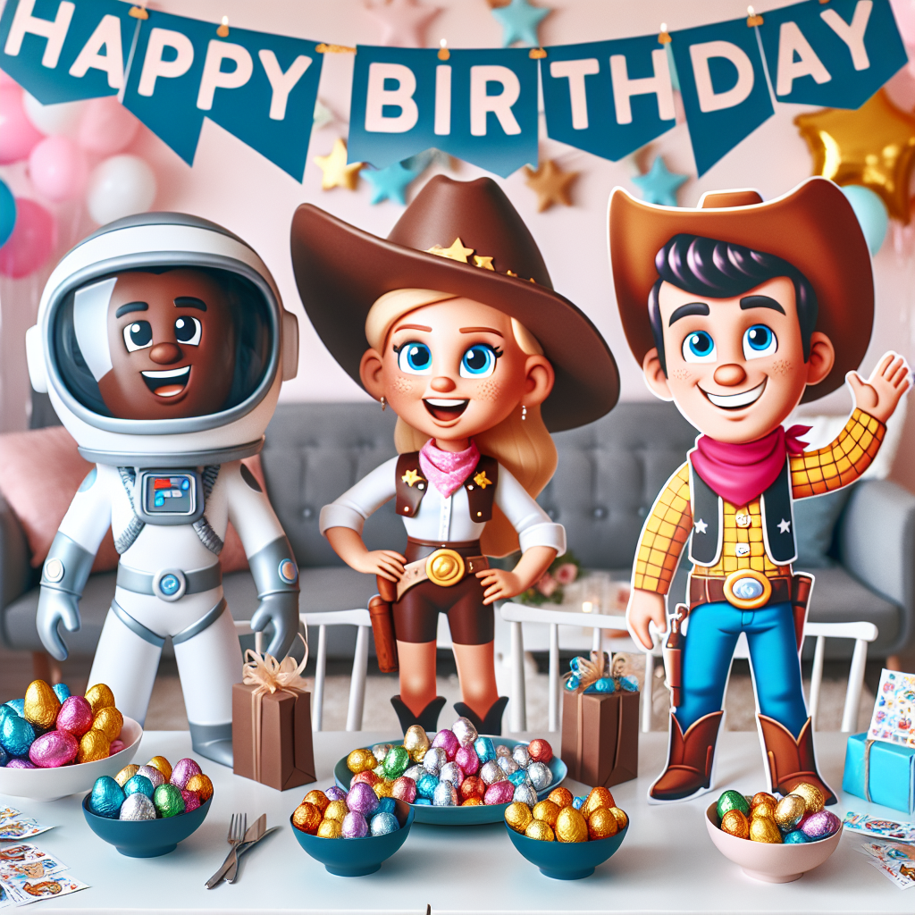 A charming birthday celebration in cartoon-style, where a character dressed up as a smooth-talking spaceman and another as a friendly cowboy lead the party. The characters are not specific ones from any copyrighted media, but represent iconic personas of classic tales. The table is laden with bowls full of vibrant chocolate eggs and guests receive gift bags filled with entertaining stickers. A large, whimsical banner proclaiming 'Happy Birthday' completes the exuberant setting.
Generated with these themes: Toy story, Chocolate eggs, and Stickers.
Made with ❤️ by AI.