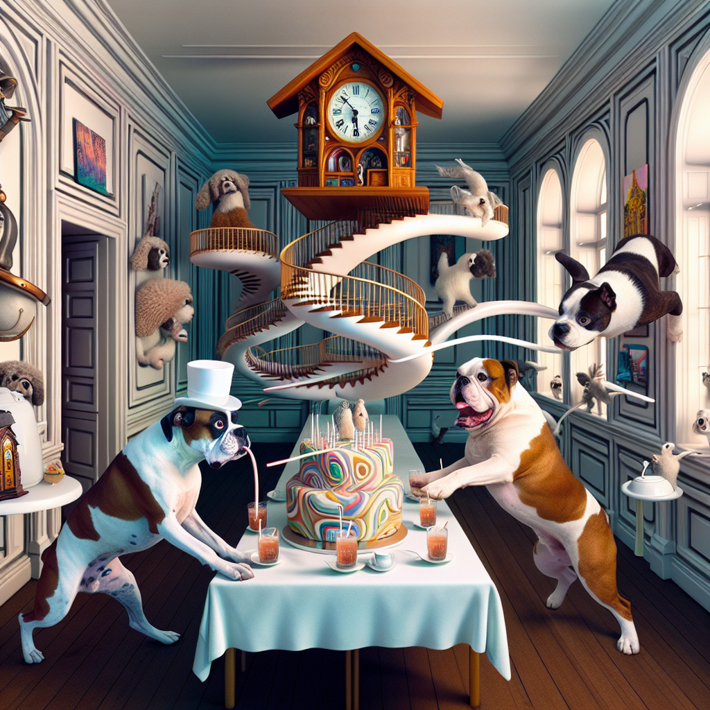 1 All White Boxer dog, 1 Brown Boxer dog, 1 brown and white English bulldog, and All White cat Birthday Card