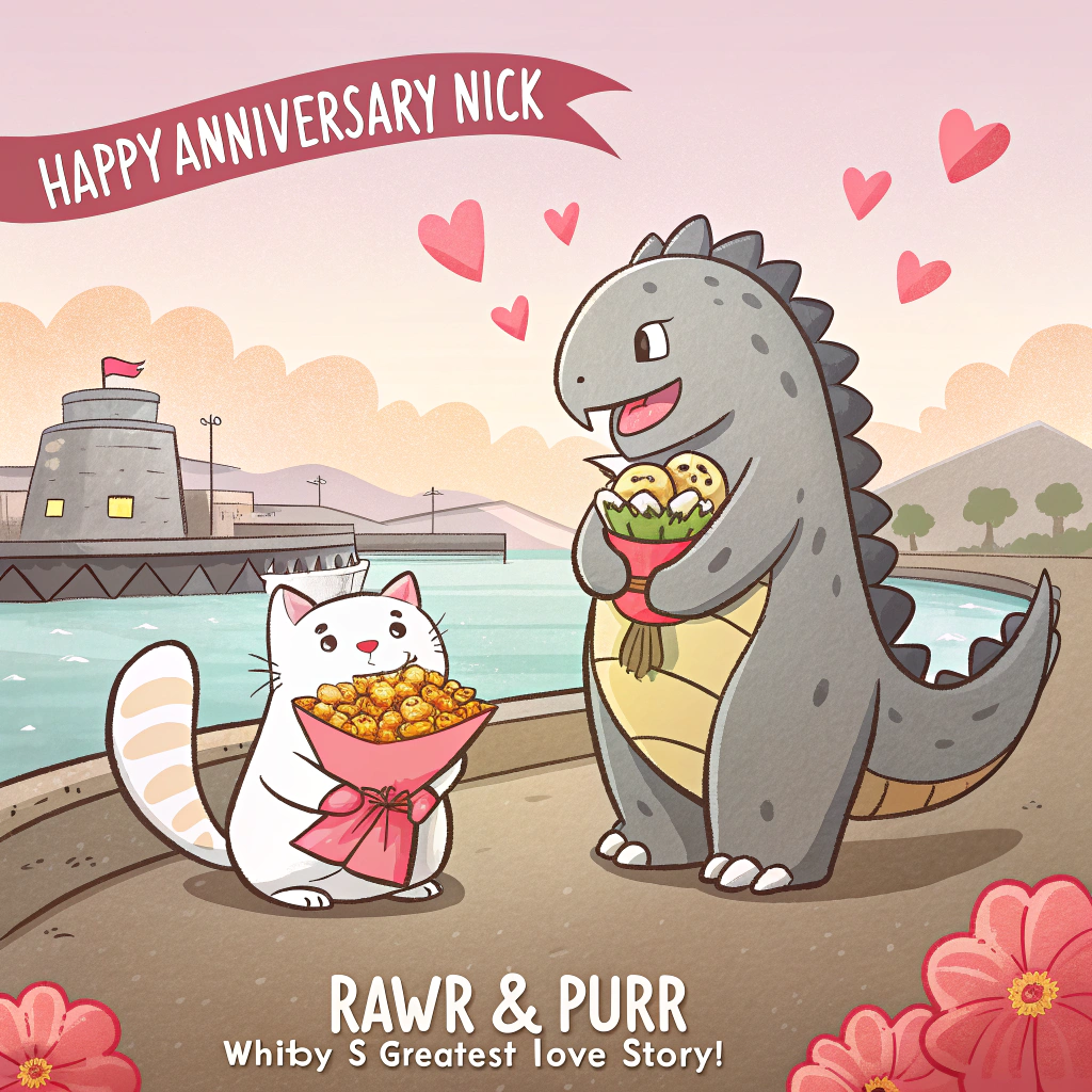 Whitby, godzilla, ginger cats, and Anniversary Card