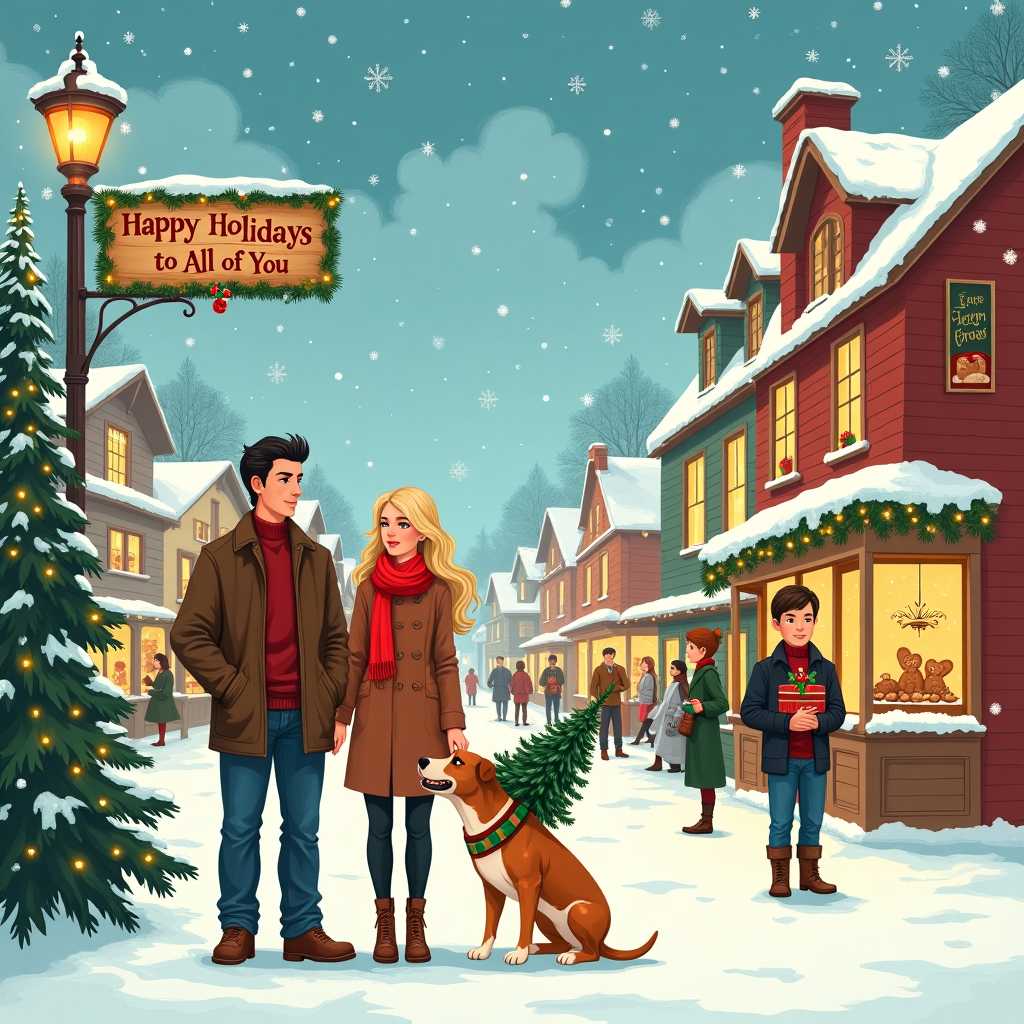 Tall man with black hair stood by a lady in her late 40s who has blonde hair, and , a 20 year old with long brown hair and a tall muscular 18  year old with dark brown hair, and a bulldog, in the art style of the simpsons Christmas Card