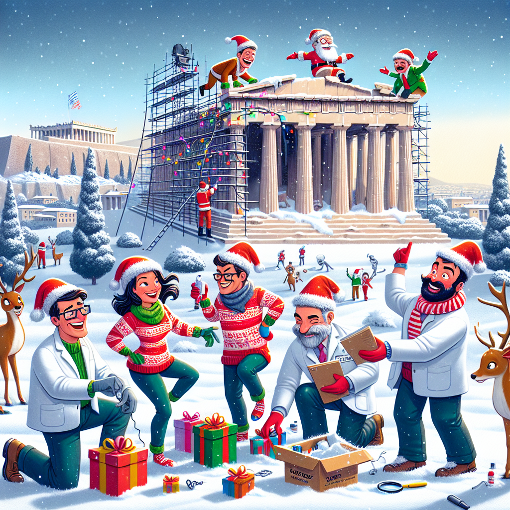 In this whimsical variation, a snowy Acropolis sets the backdrop, where a team of cartoonish engineers, donned in Christmas hats, are gingerly balancing atop one another's shoulders to decorate the Parthenon with holiday lights. A duo of befuddled loss adjusters in bright, stripy socks are comically gathering spilled gift boxes, helped by forensic experts dusting the snow for clues to where Santa might have dropped them. Santa himself is dressed in a traditional Greek fustanella, merrily dancing a 'Syrtaki' with reindeer by his side. The Greek phrase 'Καλά Χριστούγεννα' is written in large, festive letters on the side of Santa's sleigh, ensuring a no-fail merry Christmas wish in flawless Greek.
Generated with these themes: Engineers, loss adjusters, forensics, christmas, greece, santa.
Made with ❤️ by AI.