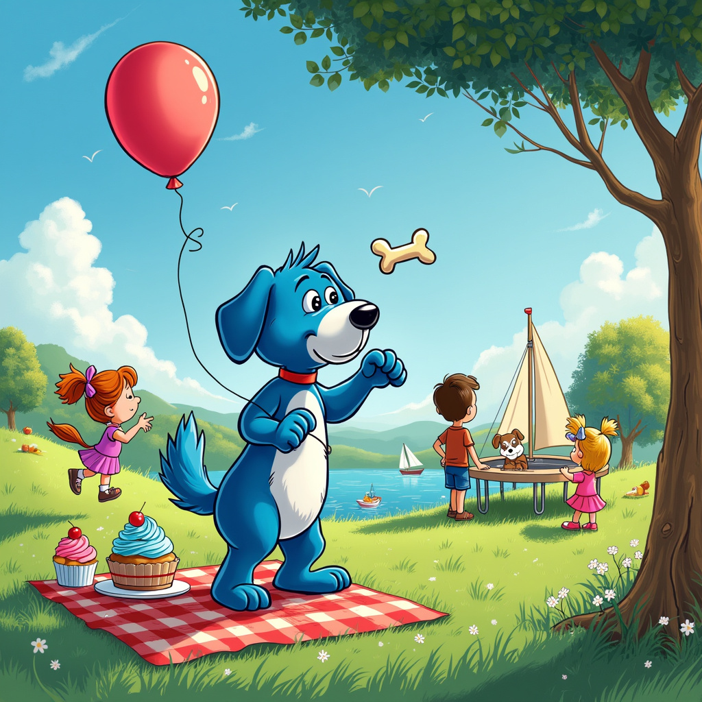 On the cover of this birthday greeting card, we have a delightful and whimsical scene that combines elements of Bluey with the inspiration drawn from iconic artists. 

Front and center, Bluey herself stands proudly on a grassy hillock, her vibrant blue fur shining under a brilliant blue sky dotted with fluffy white clouds. In her paws, she holds a balloon shaped like a gigantic bone, which floats joyfully above her, its string curling in the wind. Surrounding Bluey are her friends and family, all depicted in lively cartoon style reminiscent of Charles Schulz’s Peanuts characters but with the clean, expressive lines of Hergé’s Tintin.

To the left, Bluey's little sister, Bingo, is caught mid-jump on a trampoline, her arms and legs splayed out in glee. The trampoline's springs are exaggeratedly bouncy, channeling the playful dynamism seen in Winsor McCay's Little Nemo. Just below the trampoline, Bandit, Bluey's dad, is setting up a birthday picnic spread on a red-and-white checkered blanket. The picnic is bursting with colorful treats – cupcakes with oversized swirls of frosting, a large bone-shaped birthday cake, and bowls of fruit – each item meticulously detailed, echoing the visual humor of Gary Larson’s The Far Side.

To the right, Chilli, Bluey's mom, is directing a game of pin-the-tail-on-the-donkey, a large paper donkey with a comically long tail and googly eyes pinned to a nearby tree. The tree itself is detailed with the lush, sweeping lines reminiscent of Bill Watterson’s nature scenes in Calvin and Hobbes. The children playing the game are depicted with exaggerated expressions of anticipation and glee, their actions frozen in the charming, exaggerated motion found in Walt Disney’s animations.

Behind the central characters, we see a backdrop of a picturesque park, with a gentle rolling hill leading to a sparkling lake in the distance. The lake has a small sailboat with a friendly-looking dog at the helm, giving a nod to Osamu Tezuka’s imaginative world-building in Astro Boy. Above the scene, a banner strung between two trees reads "Happy Birthday!" in bold, cheerful letters with each character stylized in a unique pattern that reflects the vibrant underground comix style of R. Crumb.

Throughout the scene, small hidden details, like a tiny mouse peeking out from under the picnic blanket or a bird wearing a party hat perched on a tree branch, add a touch of Art Spiegelman’s intricacy and depth, inviting viewers to linger and explore every part of the illustration.

This card captures a moment of joyous celebration, each element contributing to a rich tapestry of storytelling through art, ensuring it will be a treasured keepsake for the birthday recipient.
Generated with these themes: Bluey.
Made with ❤️ by AI.