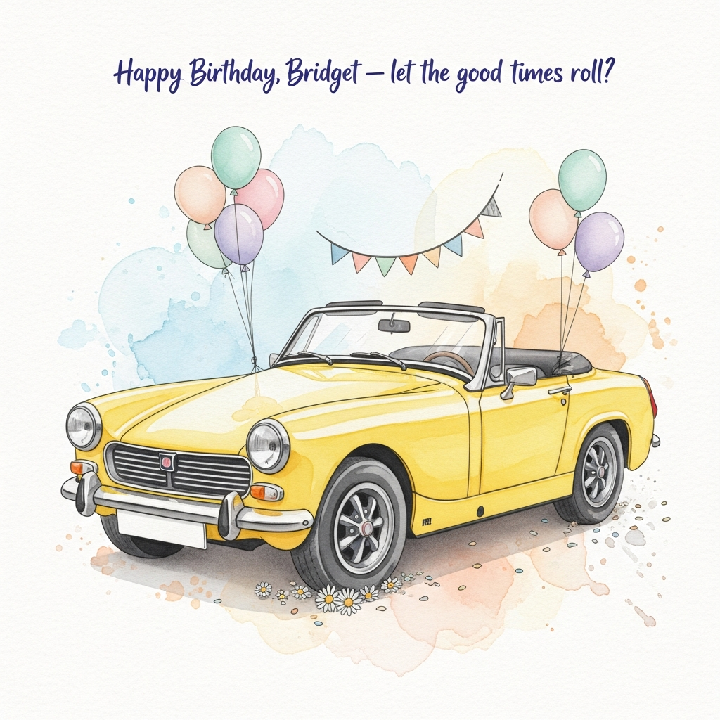 At the top of the Watercolor Style image, “Happy Birthday, Bridget — let the good times roll!”

A large, soft watercolor illustration of a sunshine-yellow 1976 MG Midget convertible (top down), centered and big, in a cute three-quarter front view. Capture its petite, playful proportions, round headlamps, slim windshield, simple silver-and-black wheels, and the 1976 black rubber bumpers—gently simplified for charm. Add festive pastel balloons (mint, blush, lavender) tied to the side mirror and rear, a flutter of tiny bunting, and a sprinkle of confetti and little daisies around the tires. Background is airy white with light sky-blue and warm peach washes, subtle pigment blooms, delicate gradients, and visible natural paper texture; soft edges, wet-on-wet bleeds, and light watercolor splatter for sparkle. Warm, sunlit, cute mood. Hand-letter the caption in a loose indigo watercolor brush script, small and airy. No additional text, logos, or numbers.
Generated with these themes: .
Made with ❤️ by AI.