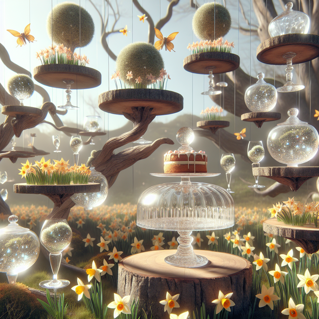 Create a fantastical outdoor scene where typical physics seems to have been softly rejected. Visualize floating shelves, made from old, twisted tree branches that hover mysteriously in the air, cradling gleaming glass cake stands that appear as illusions. Amidst these floating displays, imagine groups of luminous daffodils and sweet williams emitting a gentle, pulsating glow. Picture Mother's Day cards whimsically drifting through the air like unique butterflies, their movements synced to an invisible rhythm, contributing to a fascinating, surreal Mother's Day mise-en-scène.
Generated with these themes: Shelves with glass cake stands, Daffodils, Sweet williams, and Cards.
Made with ❤️ by AI.