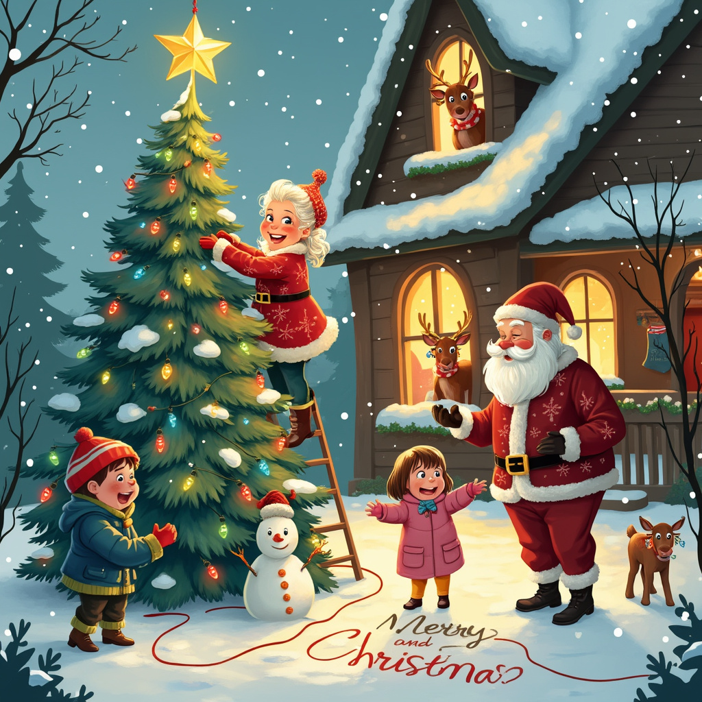 In the snowy, bustling front yard of a cozy, fairy-tale-like house adorned with twinkling Christmas lights, Nana and Danda are merrily decorating a giant Christmas tree. Nana, wearing a festive red cardigan with white snowflakes and a Santa hat tilted jauntily to one side, is on a small ladder, hanging up a large star on the topmost branch. Danda, in a green sweater with reindeer motifs and a pair of elf ears headband, is handing her a string of colorful, oversized baubles.

Riley and Mila, the enthusiastic grandchildren, are bundled up in adorable winter gear—Riley in a blue puffer jacket with penguin gloves, and Mila in a pink coat with a matching pom-pom beanie. They are joyfully playing in the snow. Riley is building a snowman with a carrot nose and button eyes, while Mila is making snow angels beside him, her laughter captured in mid-flight.

In the background, Santa Claus is seen peeking around the corner of the house with a mischievous grin, holding a long list that comically unrolls down to his feet, partially covered in snow. His iconic red suit and jolly white beard are unmistakable. His reindeer, led by Rudolph with his glowing red nose, are peeking from behind the house too, each one donning a festive accessory—a scarf, antlers with Christmas lights, or a jingle bell collar.

To the side of the house, there’s a warmly-lit window through which you can see a beautifully decorated living room with stockings hung by the chimney and a roaring fireplace. The words "Merry Christmas from Riley and Mila!" are elegantly written in the snow-covered front yard using colorful Christmas lights, which also spell out "Nana and Danda."

Snowflakes gently fall from the sky, adding a serene touch to the lively scene. The entire illustration bursts with intricate details, from the individual lights twinkling on the tree to the expressive, joyful faces of the characters, capturing a heartwarming Christmas story.
Generated with these themes: Nana and Danda , From Riley and Mila , Christmas , Children , Santa, Reindeer, and Christmas lights .
Made with ❤️ by AI.