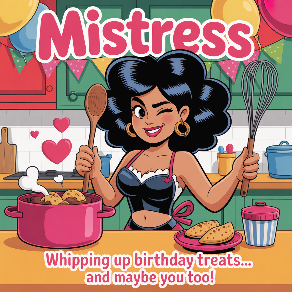 At the top of the image, "Mistress"  

At the bottom of the image, "Whipping up birthday treats... and maybe you too!"  

In the center, illustrate a playful cartoon-style scene of a confident Colombian woman with big, bouncy black curly hair, wearing a cute apron over a cheeky leather outfit, standing in a colorful kitchen. She’s holding a wooden spoon in one hand and a coiled whip in the other, winking mischievously. A bubbling pot of Colombian arepas and empanadas sits on the stove, with heart-shaped steam rising. The kitchen is full of bright, saturated colors and festive decorations like balloons and bunting, creating a fun, flirty birthday vibe.
Generated with these themes: Bdsm , Femdom , Black curly hair , Cooking , Colombia , , and .
Made with ❤️ by AI.