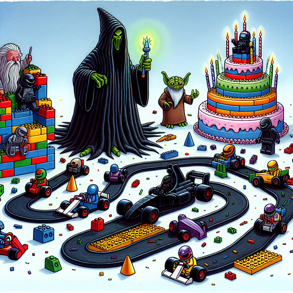 An image of a birthday card illustration portraying a comically chaotic and endearing science fiction-themed building block party. Amongst the multicolored building blocks, fictional galaxy-themed characters, constructed from interlocking plastic bricks, are jovially racing each other in miniaturized Formula 1 cars around a homemade track that encircles a gigantic cake built from bricks. A towering, black-cloaked figure from another galaxy humorously grapples to fit into his diminutive car, while a diminutive sage-like alien leads the race, brandishing a glowing green plaything as a party horn.
Generated with these themes: Lego, Star wars , and Formula 1.
Made with ❤️ by AI.