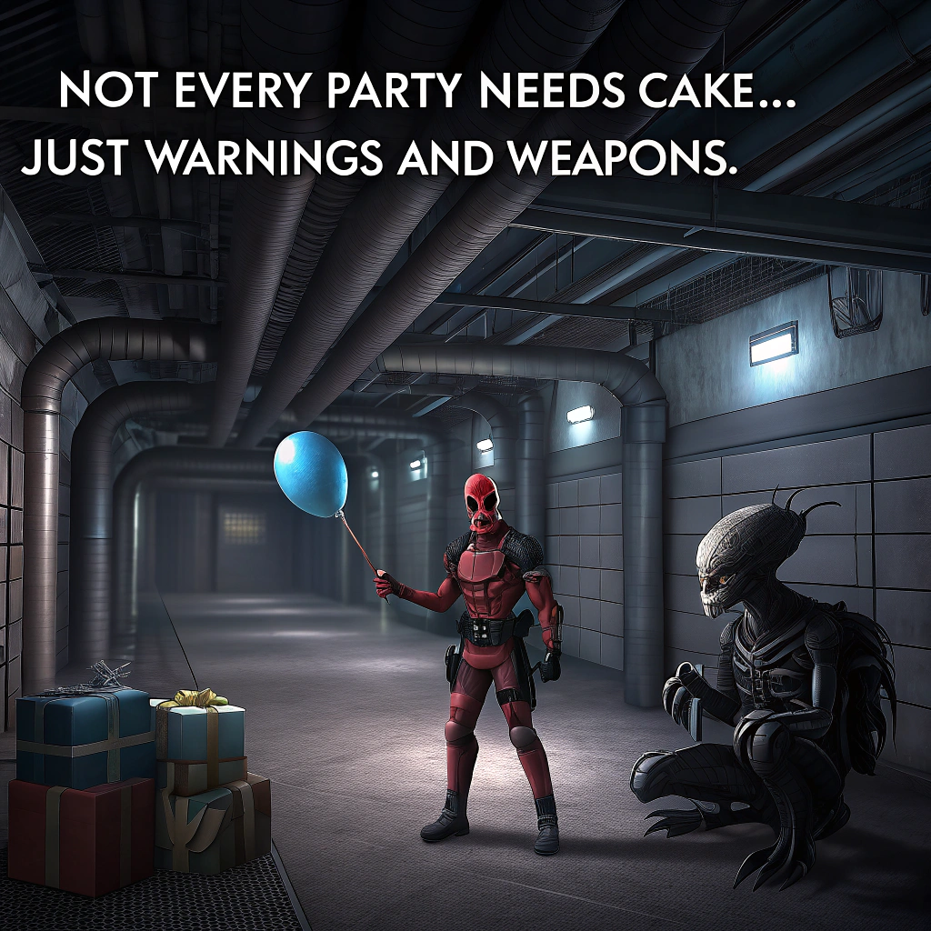 At the top of the image, "Not every party needs cake... just warnings and weapons."

- Depict a solemn, realistically styled photograph of a dimly lit industrial room — pipes along the ceiling, shadows creeping across metallic walls.
- In the foreground, Deadpool stands off to the side, somber expression visible through his mask, holding a sad blue balloon in one hand and a neatly wrapped present in the other.
- In the center of the image, a large Xenomorph looms menacingly, towering over a birthday table. Its sleek, black exoskeleton reflects the cold industrial lighting. A ridiculous, tiny polka-dot party hat is balanced on its elongated skull, already wet with drool.
- A half-melted birthday cake with rich blue icing sits untouched on the table, frosting beginning to sag. Above the cake hangs a tattered banner that reads in bold letters: "Stay away from the cake you bitch!"
- The whole scene carries a chilling stillness — no joy, only tension and quiet acceptance. Even Deadpool isn’t cracking jokes.
Generated with these themes: Deadpool holding a balloon and present, Large, scary Xenomorph wearing a party hat and drooling, Birthday cake with blue icing, and Banner saying, "Stay away from the cake you bitch!".
Made with ❤️ by AI.