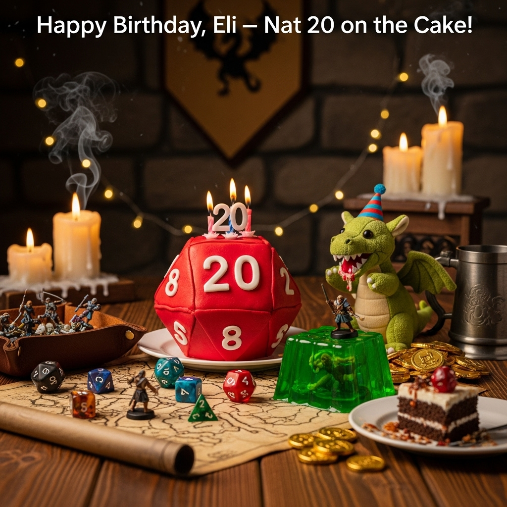 At the top of the Photorealistic picture taken from a camera image, Happy Birthday, Eli — Nat 20 on Cake!

Ultra-high-definition 4K UHD photograph, lifelike textures, accurate lighting, rich depth of field, portrait orientation. A cozy medieval tavern–style party scene captured like a candid snapshot: a sturdy wooden gaming table set for a Dungeons and Dragons session turned birthday celebration. Center stage: a hyper-real red fondant d20 cake with the “20” face aimed at the lens, candles flickering; beside it, a translucent green gelatinous-cube jello with a trapped adventurer miniature inside. Polyhedral dice (d4–d20) scattered across a parchment battle map, painted minis mid-“battle” with one toppled into frosting like a critical fail, leather dice tray, wooden DM screen (no legible text anywhere). A mischievous plush baby dragon in a tiny party hat is mid-heist, tugging a slice of cake, frosting smeared on its snout; chocolate gold coins spill like a dragon hoard. Warm wax-dripped candles and soft string lights cast golden, cinematic glow; faint candle smoke curls; faux stone wall and a banner with a dragon silhouette in the background (no words). Shot on a full-frame camera with a 35mm lens, f/2.8, ISO 400, 1/125s; tack-sharp focus on the cake and plush dragon, gentle background bokeh; natural shadows, icing sheen, resin dice translucency, micro crumbs, pewter tankard patina. Three-quarter angle from a player’s eye level, playful and funny mood, ample negative space in the upper third for the caption, real materials only, no CGI, no extra typography beyond the single caption.
Generated with these themes: Dungeons and dragons, and .
Made with ❤️ by AI.