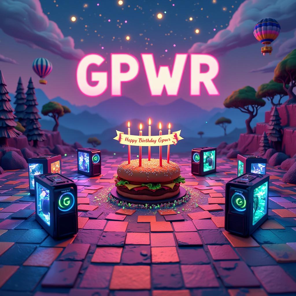 GPWR written in the sky , Fortnite, Food, Five guys burgers, Gaming, Neon signs, LED lights , PCs, Vbucks, and Battle bus Birthday Card