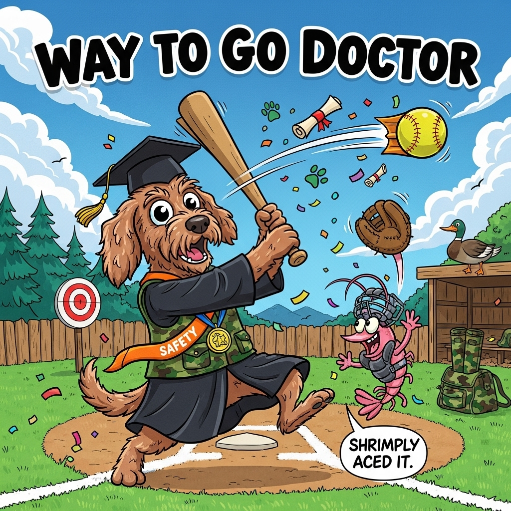 At the top of the Cartoon Style image, Way to go Doctor 

Playful, funny Cartoon Style scene outdoors on a bright, sunny softball field. Center stage: an exuberant labradoodle with exaggerated, bouncy proportions, shaggy fur, and big sparkling eyes. It’s mid-swing in an energetic pose, using an oversized rolled diploma as a softball bat. The dog wears a flappy black graduation gown over a camo hunting vest, a mortarboard with a swishing gold tassel, an orange safety sash, and a duck call hanging like a medal. Thick outlines, bright saturated colors, and dynamic motion lines everywhere.

The softball rockets into the sky, trailing comic speed streaks. Clinging to the ball like a rodeo rider is a gleeful pink shrimp in tiny catcher’s gear, antennae streaming, eyes wide, waving a miniature glove. In the background: a whimsical forest edge, a wooden outfield fence with a goofy duck decoy perched on it, a round deer target sign with a bold bullseye, and a camo-patterned gear bag by the dugout. Confetti flutters through the air, shaped like mini diplomas and paw prints. Bases and chalk lines pop against vivid green grass and a deep blue sky with chunky, puffy clouds.

Render the top text in chunky, hand-lettered bubble type with a thick black outline and playful drop shadow for extra pop. Add one small extra line of text as a speech bubble from the shrimp near the lower right: “Shrimply aced it!” Keep all elements bold, whimsical, and high-energy; no additional text.
Generated with these themes: Softball, hunting, shrimp, labradoodle, outdoors, doctorate, and .
Made with ❤️ by AI.