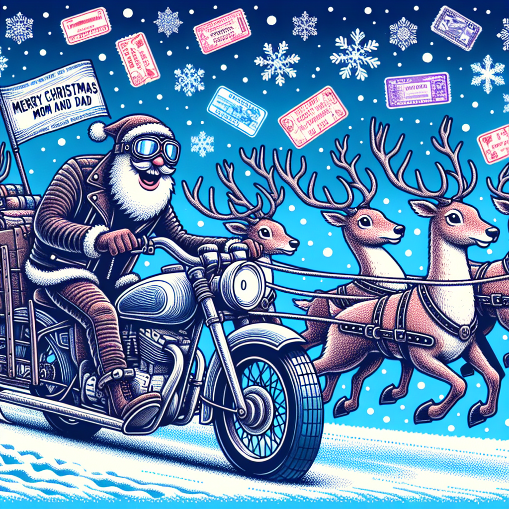 A whimsical drawing features reindeers pulling a motorbike-sleigh hybrid through a sky filled with passport-stamps-patterned snowflakes, signifying travel. Santa is wearing biker goggles and waves a flag from the sleigh that reads 'Merry Christmas, mom and dad,' blending traditional and modern imagery.
Generated with these themes: Christmas/ motorbike/ travel.
Made with ❤️ by AI.