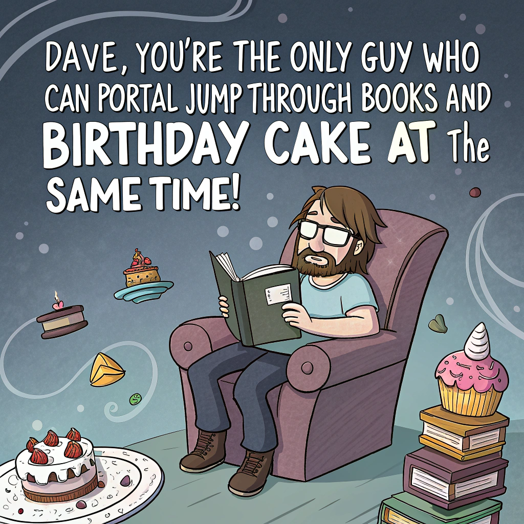 At the top of the image, "Dave, you're the only guy who can portal-jump through books and birthday cake at the same time!"

- In the center of the image, illustrate a cartoon bearded man with brown hair and glasses, lounging in an armchair. He's wearing a Rick and Morty T-shirt, surrounded by stacks of sci-fi books and half-eaten birthday cake slices.
- A swirling interdimensional portal hovers above the books, with tiny cupcakes and party hats floating through it.
- The man's eyes are wide behind his glasses, locked onto a glowing book that’s shooting out lasers and sprinkles.
- His T-shirt’s characters (Rick and Morty) are animated and appear to be leaping out of the shirt into the party scene, with Rick holding a party horn and Morty clutching a balloon in sheer panic.
- Balloons float above, one reading “Level Up, Nerd!” and another shaped like a pickle.  
- A cheeky cat wearing 3D glasses peeks from behind the chair, holding a party blower.

At the bottom of the image, add: "This year, make reality optional. Happy Birthday, Dave!"
Generated with these themes: Bearded man with brown hair and glasses reading with a Rick and morty top, and .
Made with ❤️ by AI.