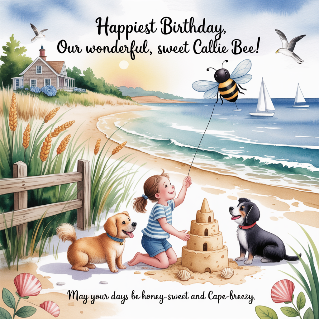 At the top of the Watercolor Style image, "Happiest birthday our wonderful, sweet Callie Bee!"

At the bottom of the image, "May your days be honey-sweet and Cape-breezy."

Paint a soft, sincere Cape Cod shoreline in airy watercolor: sea-glass blues and sandy oat tones washing into each other with delicate gradients, subtle pigment blooms in the surf, and natural paper texture peeking through. Golden morning light kisses dune grass and beach roses beside a weathered split-rail fence. In the mid-distance, a cedar-shingled cottage crowned with blue hydrangeas and a faint red-and-white lighthouse on the bluff; white sailboats dot a calm bay, gulls suggested as gentle strokes. In the foreground, two kids: one in a nautical striped top flying a cheerful bee-shaped kite on a cotton string, the other kneeling to shape a little sandcastle trimmed with scallop shells. Two joyful dogs—a sandy golden and a black lab—splash through shallow tide pools, leaving watery splatters and soft pawprints beside small bare footprints. Use wet-on-wet skies, dry-brush for dune grass, layered transparent washes, and soft edges for a heartfelt, organic feel. Hand-letter the headline in sea-glass teal watercolor brush script with a tiny watercolor bee doodle buzzing nearby; the bottom line in warm honey-gold. Keep generous sky space for the headline, portrait orientation, quiet, loving mood.
Generated with these themes: Cape Cod scene kids dogs, and .
Made with ❤️ by AI.