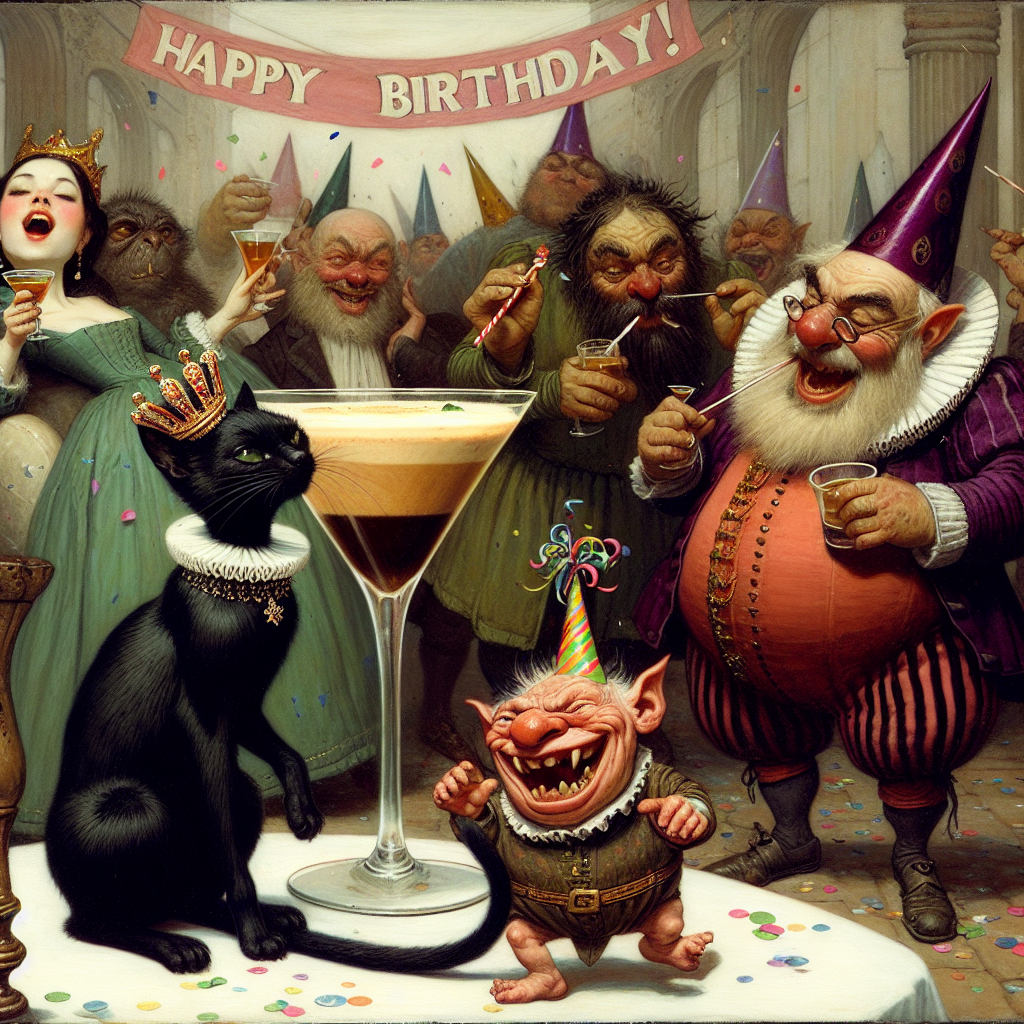 In a jovial party setting, a slick black feline adorned with a petite crown is seated next to a bubbling espresso martini, its tail whimsically coiled. An ogre resembling some fairy tale character, with a party blower in its mouth, is caught in a raucous laughter. Alongside, a figure dressed as a 16th-century monarch engages in lively banter with a smaller, captivated-looking duplicate of the same ogre. The atmosphere is punctuated by drifting confetti, and a banner in the backdrop proclaims 'Happy Birthday!' with the feline mischievously batting at its dangling end.
Generated with these themes: Black cat , Shrek, Espresso martini, and Henry the eigth.
Made with ❤️ by AI.