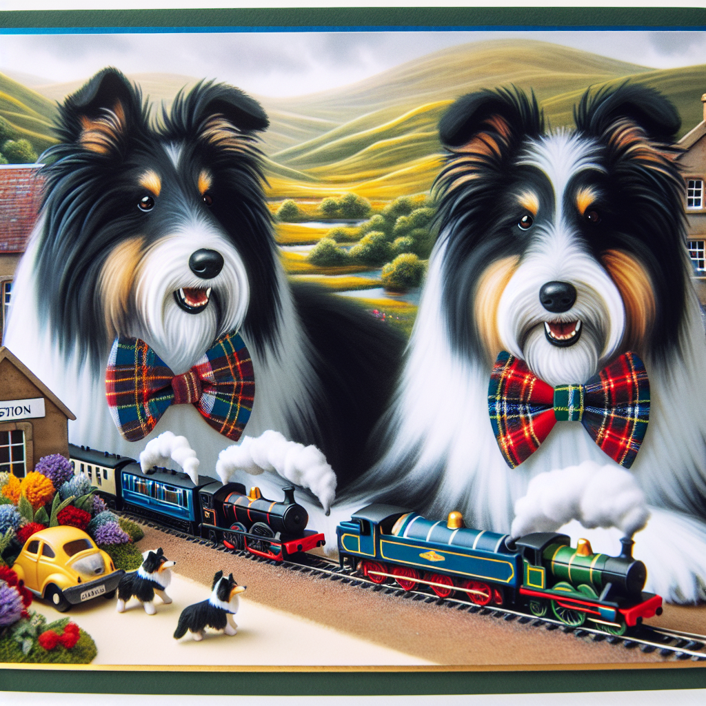 Create a vibrant Father's Day card scene, tucked away in a delightful corner of the card. Show black and white bearded collie dogs adorned with tartan bow ties in hues of red, green, and white, gleefully frolicking around an adorable miniature depiction of a Scottish railway. The backdrop constitutes the iconic rolling hills of Scotland. Bring to life the dogs' eager anticipation as they wait at a quaint little station, attentively watching the minuscule toy trains puffing out minuscule smoke clouds. This imagery subtly references fathers' fondness for model trains and the family's beloved canine companions.
Generated with these themes: black and white bearded collie dogs, scotland, red green and white tartan and trains .
Made with ❤️ by AI.