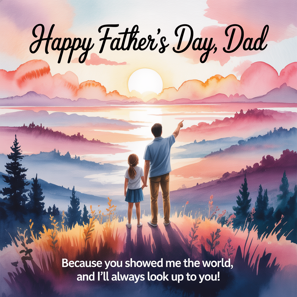 At the top of the image, "Happy Father's Day, Dad":

At the bottom of the image, "Because you showed me the world, and I'll always look up to you!" 

- Create a soft watercolor scene of a father and daughter standing atop a picturesque hill, gazing at a stunning horizon filled with gentle, cascading hues of pink, orange, and lavender. The daughter looks up at her father, who is pointing towards the distance, as if showing her the vast world. In the background, delicate washes of watercolor depict subtle outlines of distant landscapes, embodying the adventures they've shared.
Generated with these themes: Can you please generate a nice classy father’s day card with 3 paragraphs of wording that highlight this is the person that taught me life is about “you live and you learn”and i look up to my father as his daughter for experiencing world and his support, Travel, Style, and .
Made with ❤️ by AI.