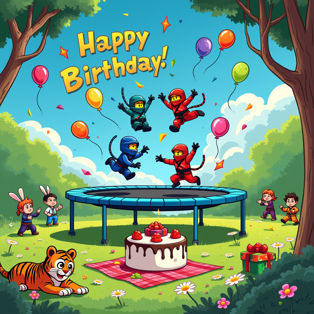 In this delightful birthday card scene, imagine a vivid and bustling cartoon world where the playful essence of Ninjago, Taekwondo, and a trampoline come to life in a whimsical dance of action and celebration. At the center of the card, a trampoline, vibrant in shades of azure and lime green, bounces with joyous energy, launching characters skyward. Mid-air, a group of Ninjago-styled characters, their small masked faces alight with excitement, are captured in dynamic martial arts poses, with the dexterity of seasoned Taekwondo practitioners, their colorful gi flowing behind them. Beneath the trampoline, a plush, grassy field stretches out, dotted with cheerful daisies and little bunnies, paying homage to Charles Schulz's pastoral influences. The backdrop is a cartoonish, deep blue sky, reminiscent of Winsor McCay’s dreamlike expanses, where the clouds swirl into the letters of "Happy Birthday, Rishaan!"—each letter forming out of fluffy cumulus clouds, with a playful wisp resembling Rishaan’s name floating like a kite string.

In the foreground, a cheeky, Calvin and Hobbes-esque tiger with exaggerated whiskers and wide eyes peeks out, mischievously holding a brightly wrapped gift, hinting at the Far Side’s humor. Nearby, a large cake frosted with vibrant rainbow colors sits on a picnic blanket, its top adorned with tiny ninja figures sculpted in chocolate, poised in action poses. Surrounding the cake, colorful balloons float upward, some shaped like ninja stars, some like jumping figures, echoing Osamu Tezuka’s dynamic storytelling style. A small band of Taekwondo students, depicted with Tintin-like expressions of awe and wonder, watch from the sidelines, clapping in admiration. Their belts are colored in a spectrum that mirrors the festive balloons above. To the side, a quirky tree, with R. Crumb-like detailing, leans into the scene, its branches sprouting tiny, festive banners that catch the gentle breeze, spelling out "Rishaan" in looping, decorative letters. This lively scene celebrates Rishaan’s special day with a fusion of action, creativity, and joy, inviting him into a world where birthday dreams and adventures soar hand in hand.
Generated with these themes: Ninjago, Taekwondo, and Trampoline.
Made with ❤️ by AI.