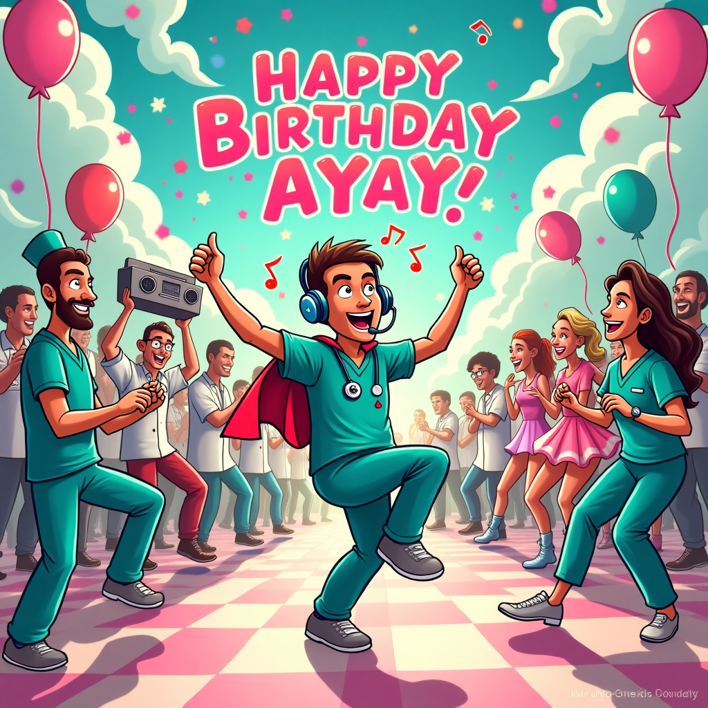 In the center of the cartoon birthday card, imagine a vibrant, lively hospital-themed dance floor. The scene is bustling with characters, a whimsical fusion of medical and dance motifs. Ayay, the birthday star, is front and center, mid-spin in an enthusiastic breakdance move, his scrubs billowing like a superhero's cape. He's wearing a stethoscope that comically doubles as a DJ headset, with musical notes whimsically swirling around his head. To the left, a cartoon male nurse in sparkling scrubs strikes a bold pose, emulating a male stripper but with a playful, over-the-top sense of humor, sporting a stethoscope-twirling routine. Nearby, a sugardaddy cartoon figure, sporting a monocle and a top hat, holds up a giant boombox blaring music, accentuating the lively atmosphere. In the background, there are balloons and streamers, shaped like medical syringes and hearts, which hover playfully. The sky is an explosion of colorful confetti and clouds forming into the playful phrase "Happy Birthday Ayay!" as if written in cotton candy letters. Along the sidelines, expressive dancers in various costumes—from tutus to kink-inspired doctor outfits—twirl and jive, each carrying a birthday-themed medical chart with humorous birthday wishes scribbled across them. Every detail is a delightful nod to Ayay's interests, blending them into a joyous and chaotic dance party in a hospital setting.
Generated with these themes: He likes expressive dancing very much, He is studying to become a nurse, Bdsm, Kink, He likes to call my boyfriend suggardaddy, Breakdance, and Male stripper.
Made with ❤️ by AI.