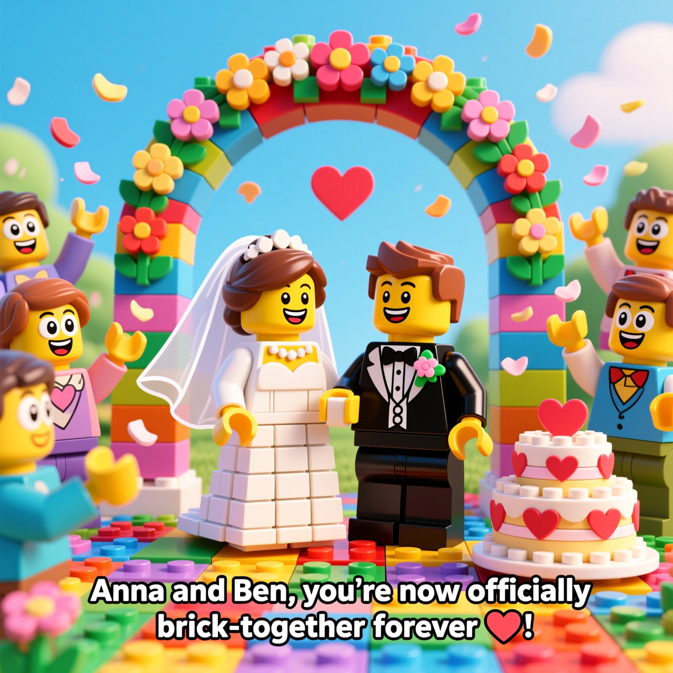 At the bottom of the Cartoon Style image, add the text: **Anna and Ben, you’re now officially brick-together forever ❤️**

A playful, cute cartoon scene of a Lego-themed wedding: two smiling Lego bride and groom figures standing under a colorful Lego archway decorated with bright flowers and tiny Lego hearts. The Lego bride wears a white brick dress with a flowing cartoon veil, and the Lego groom wears a smart little blocky tuxedo. Around them, happy Lego guests with big cartoon eyes cheer, toss flower petals, and wave. A Lego-style cake with heart-shaped layers sits to the side, and the floor is made of colorful interlocking bricks. Everything is drawn in vibrant, saturated colors with thick outlines and a whimsical, bouncy energy, making the scene feel joyful and full of love.
Generated with these themes: Lego wedding, and .
Made with ❤️ by AI.
