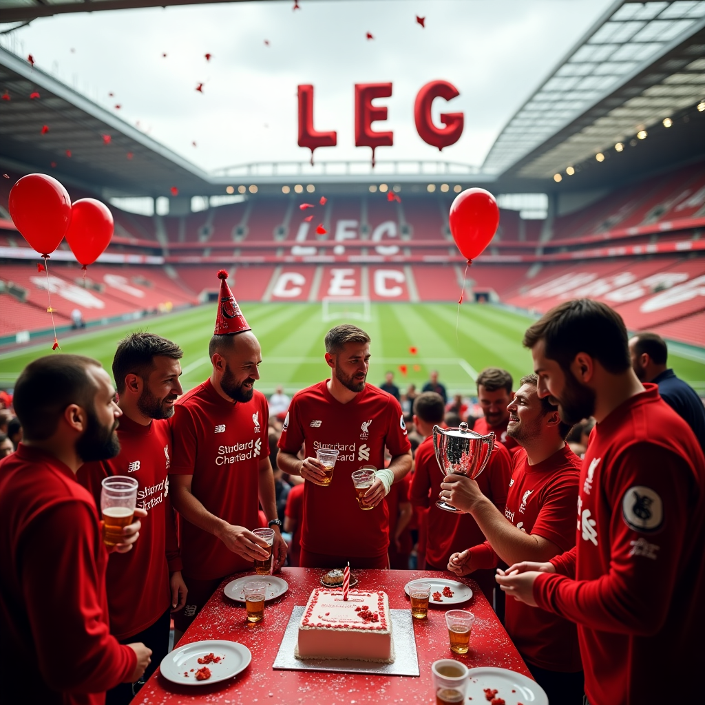 At the top of the realistic photograph image: "Happy Birthday, Lee – You’ll Never Walk Alone... Unless You Forgot the Cake!"

**Prompt for the image:**

A hilarious and highly realistic photograph of a birthday celebration inside the iconic Anfield stadium, but instead of footballers, it’s a team of die-hard Liverpool fans in full kit trying (and failing) to blow up red balloons while holding pints. One guy wearing a fake Jürgen Klopp beard is attempting to frost a birthday cake shaped like the Premier League trophy, but it’s melting. Another is wearing goalie gloves, failing to open a wrapped present. Confetti flies through the air, but it's all red and white LFC scarfs instead of streamers. A Liver bird-shaped piñata dangles from the stadium arch as someone readies a party hat-wearing foam finger to swing. The birthday boy’s name “LEE” is spelled out in massive skywritten letters over the stadium, accidentally reading “LEG” because of wind. Mood is chaotic joy and diehard Liverpool love—pure funny birthday mayhem at Anfield!
Generated with these themes: Liverpool Football Club .
Made with ❤️ by AI.