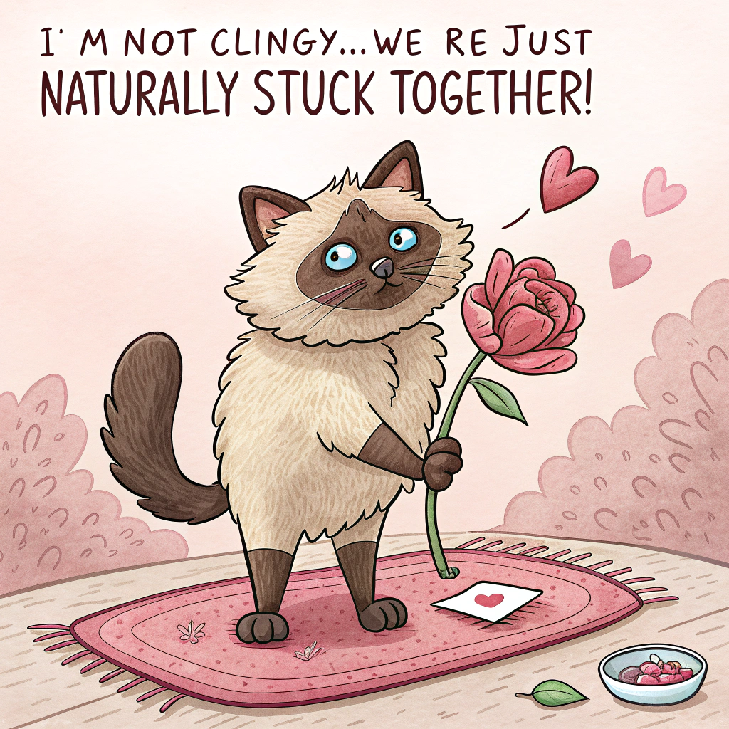 At the top of the image, "I’m not clingy… we’re just naturally stuck together!"

- In the center of the image, depict a cartoon of a ginger Siamese cat—two heads, one shared fluffy body—awkwardly trying to present a single Valentine’s Day card with both paws while standing on a heart-shaped doormat.

- One head looks smug and confident, the other clearly panicked and holding a wilted flower in its mouth.

- Hearts and pink yarn balls float comically in the background.

- Add at the bottom of the image: "Purr-haps we’re the purrfect pair after all!"
Generated with these themes: ginger siameese cat.
Made with ❤️ by AI.